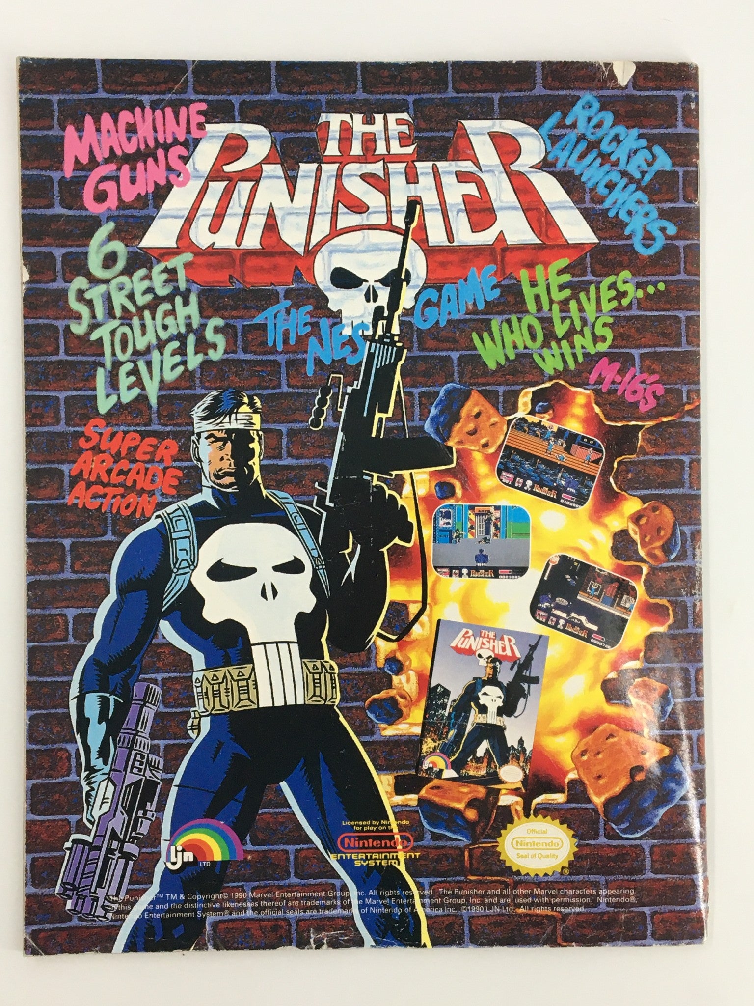 Cover of video game advertisement featuring The Punisher in VTG WWF Magazine January 1991, showcasing associated games and characters with a colorful graphic design.