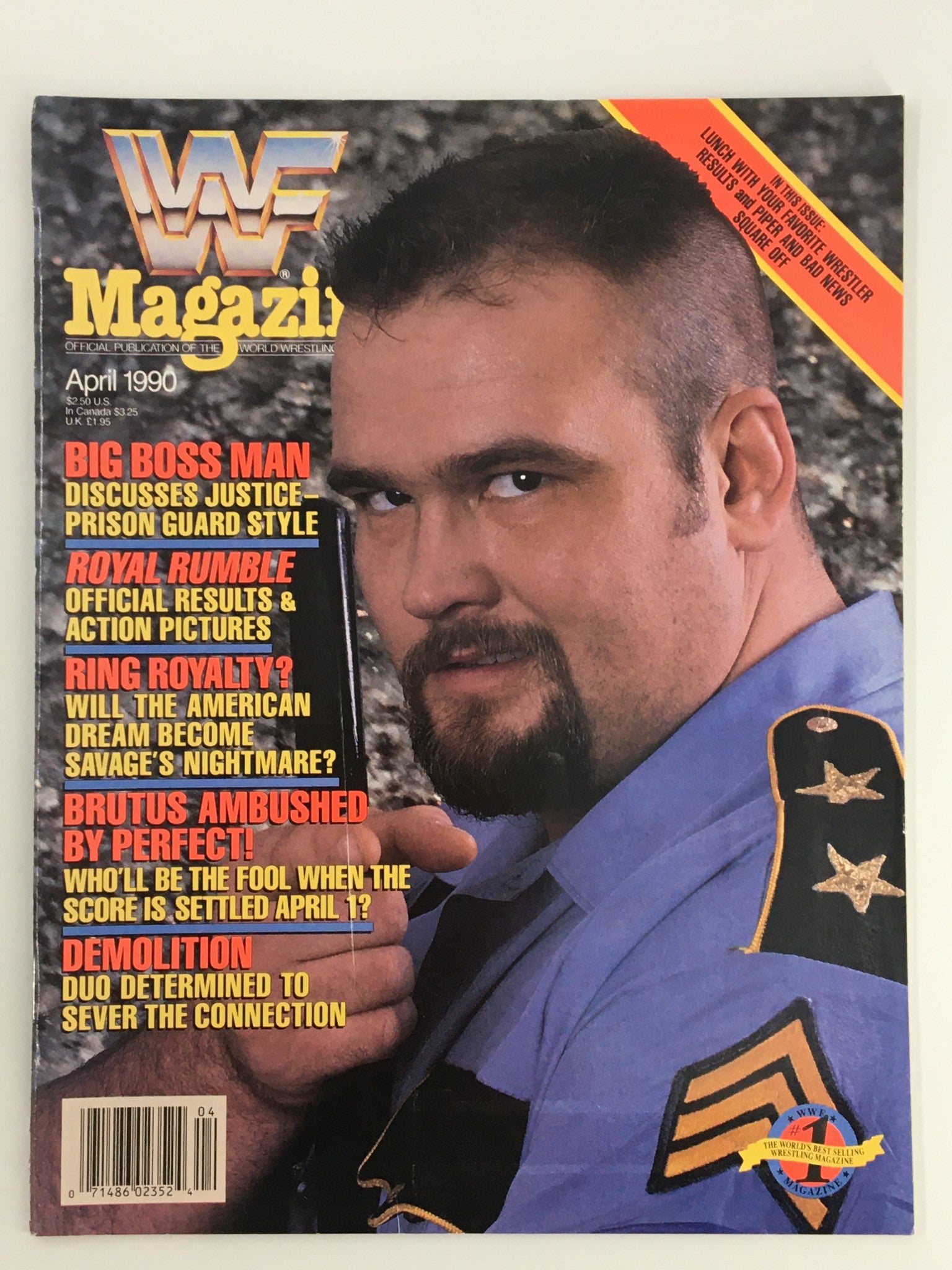 Cover of the April 1990 WWF Magazine featuring Big Boss Man, highlighting the issue's focus on wrestling legends and iconic moments in WWF history.
