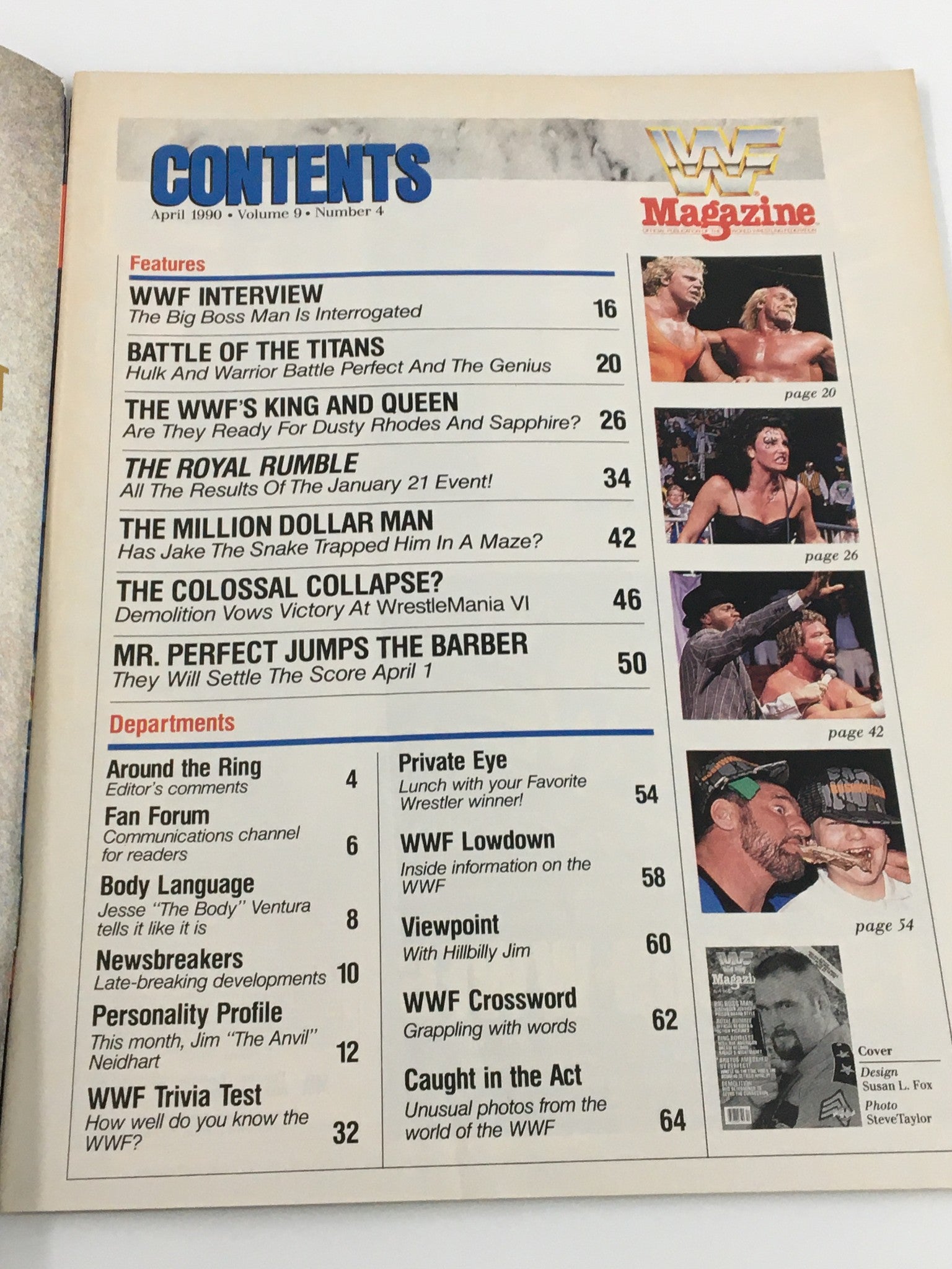 Contents page of the April 1990 WWF Magazine, detailing notable features including interviews and results from key wrestling events.