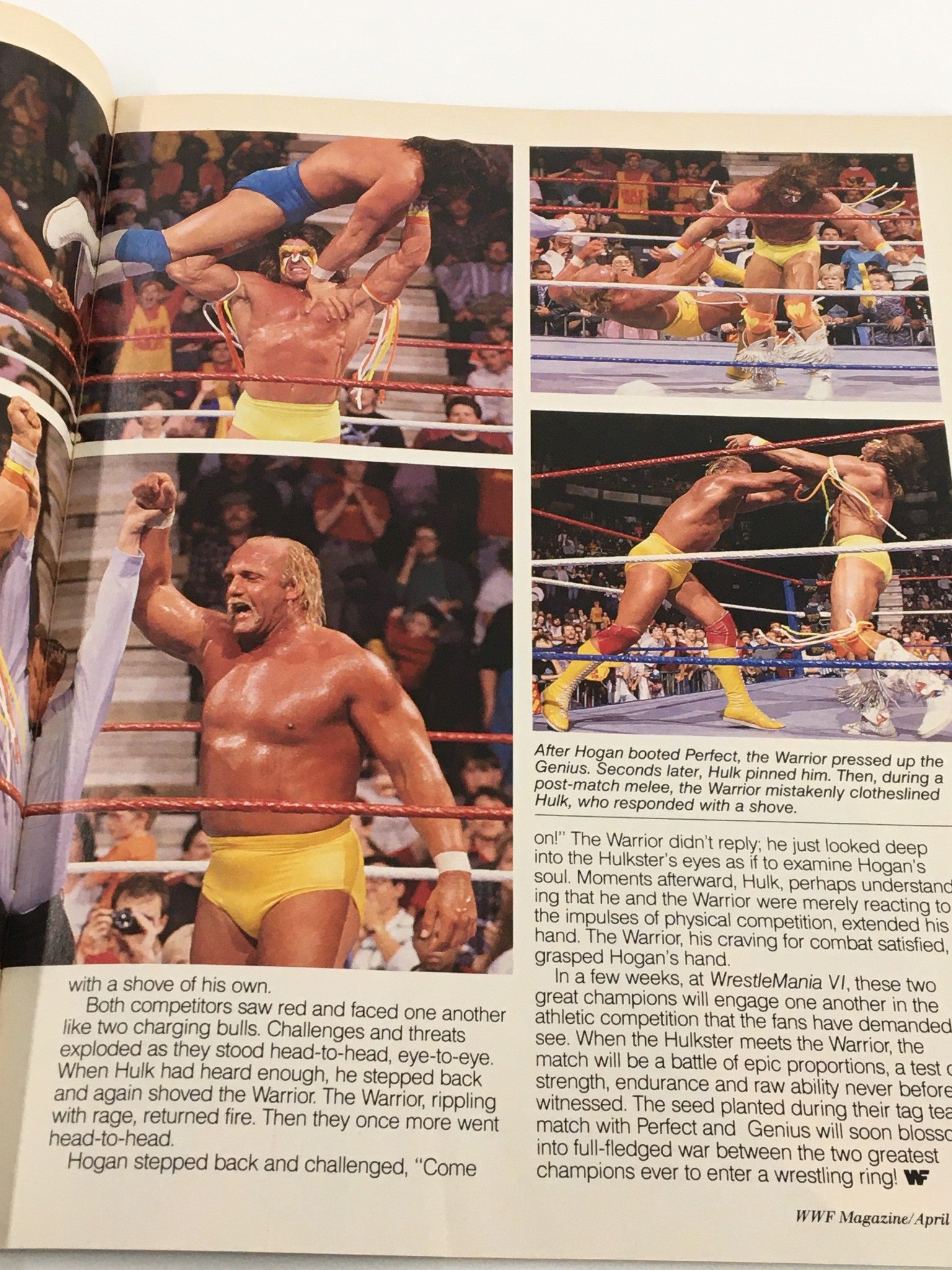WWF Magazine April 1990 featuring dynamic wrestling action, showcasing iconic wrestlers including Hulk Hogan and The Warrior in dramatic match moments.