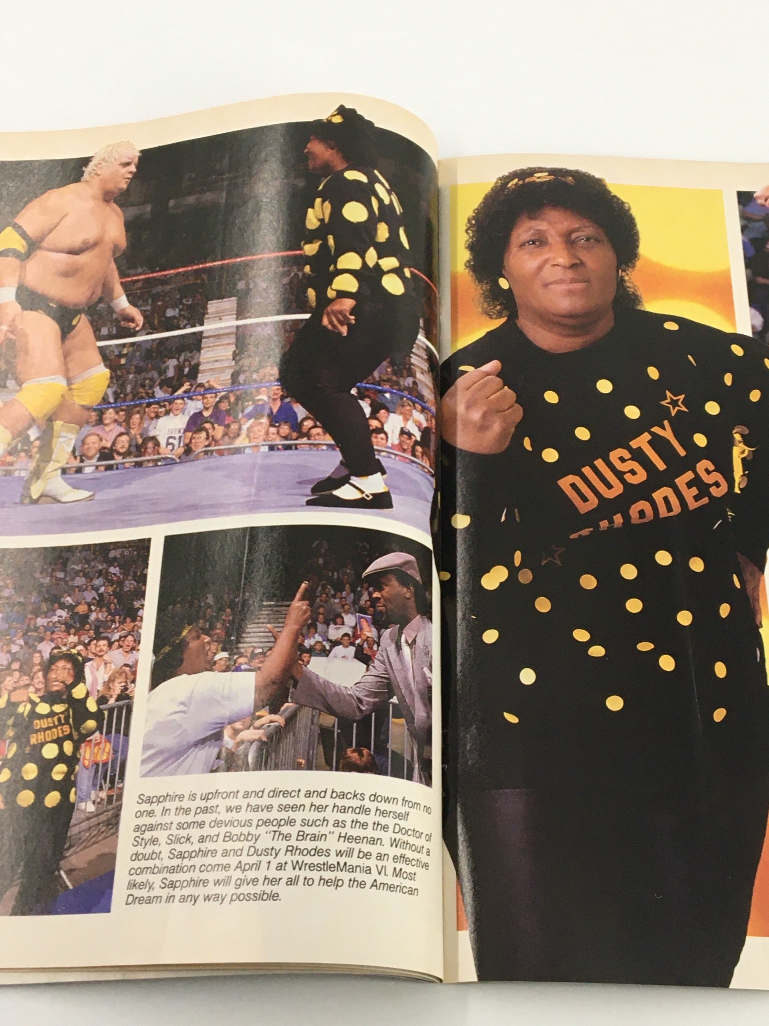 WWF Magazine April 1990 illustration of Sapphire, a wrestling personality, alongside Dusty Rhodes, capturing the vibrant character-driven stories of the era.
