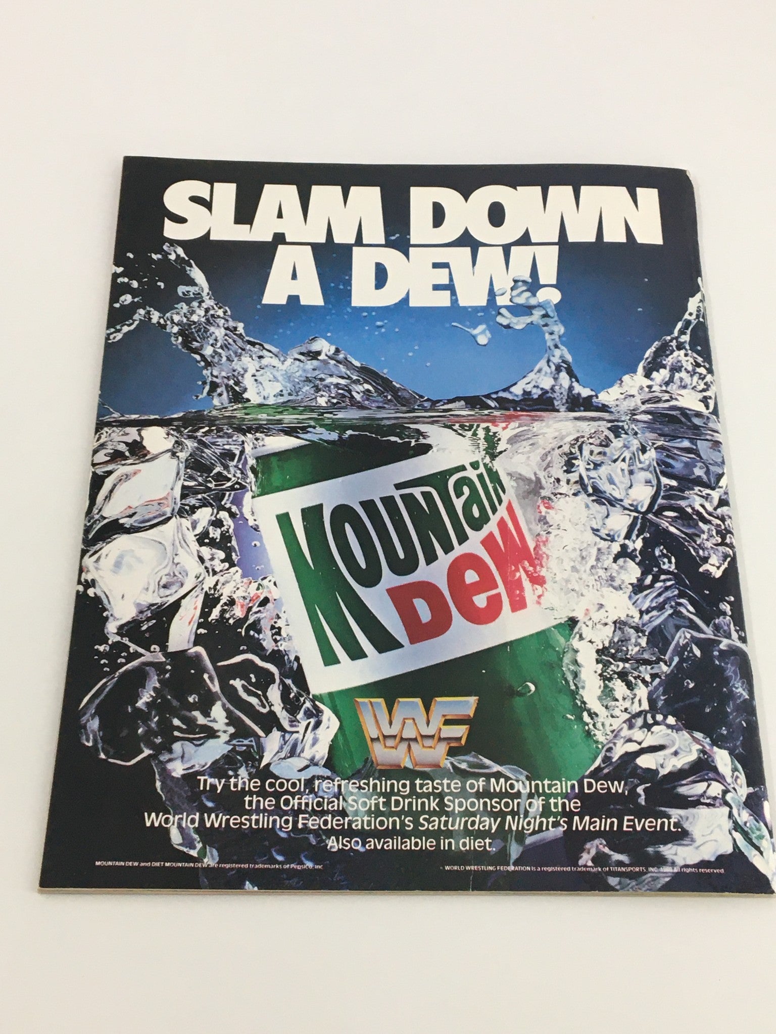 WWF Magazine April 1990 advertisement for Mountain Dew, promoting the beverage as the official soft drink sponsor of the World Wrestling Federation.