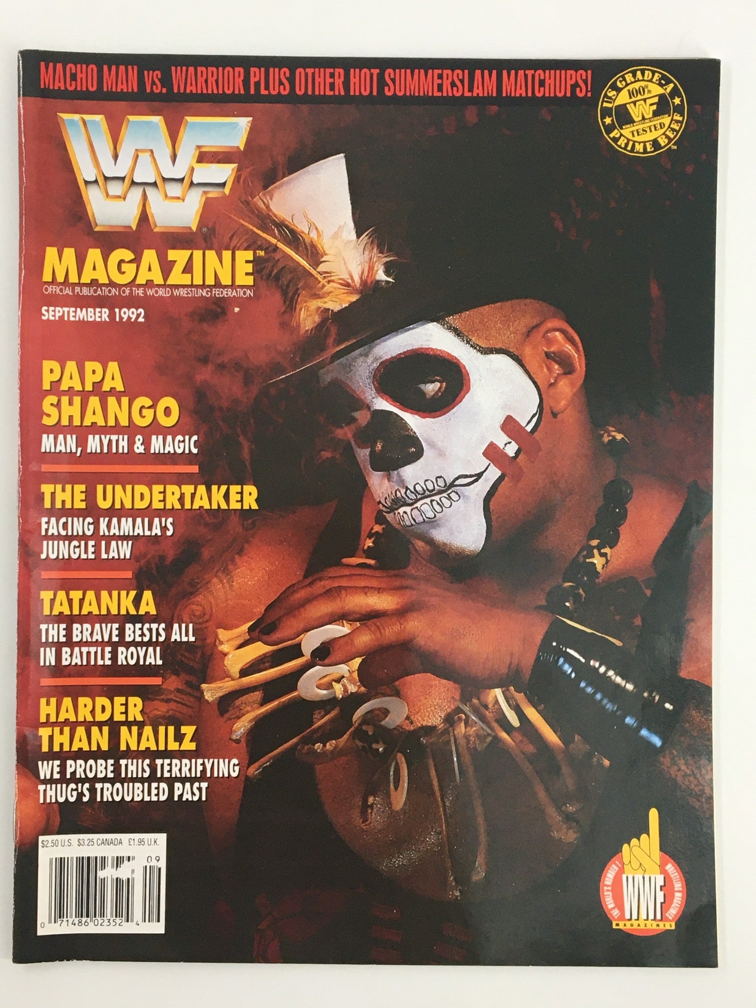 Cover of VTG WWF Magazine September 1992 featuring Papa Shango, The Undertaker, and Tatanka with a bold title and striking imagery.