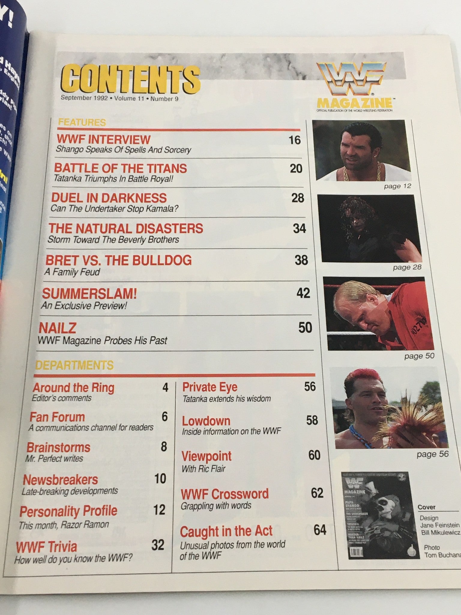 Table of contents from VTG WWF Magazine September 1992 listing featured articles, interviews, and wrestling match details.