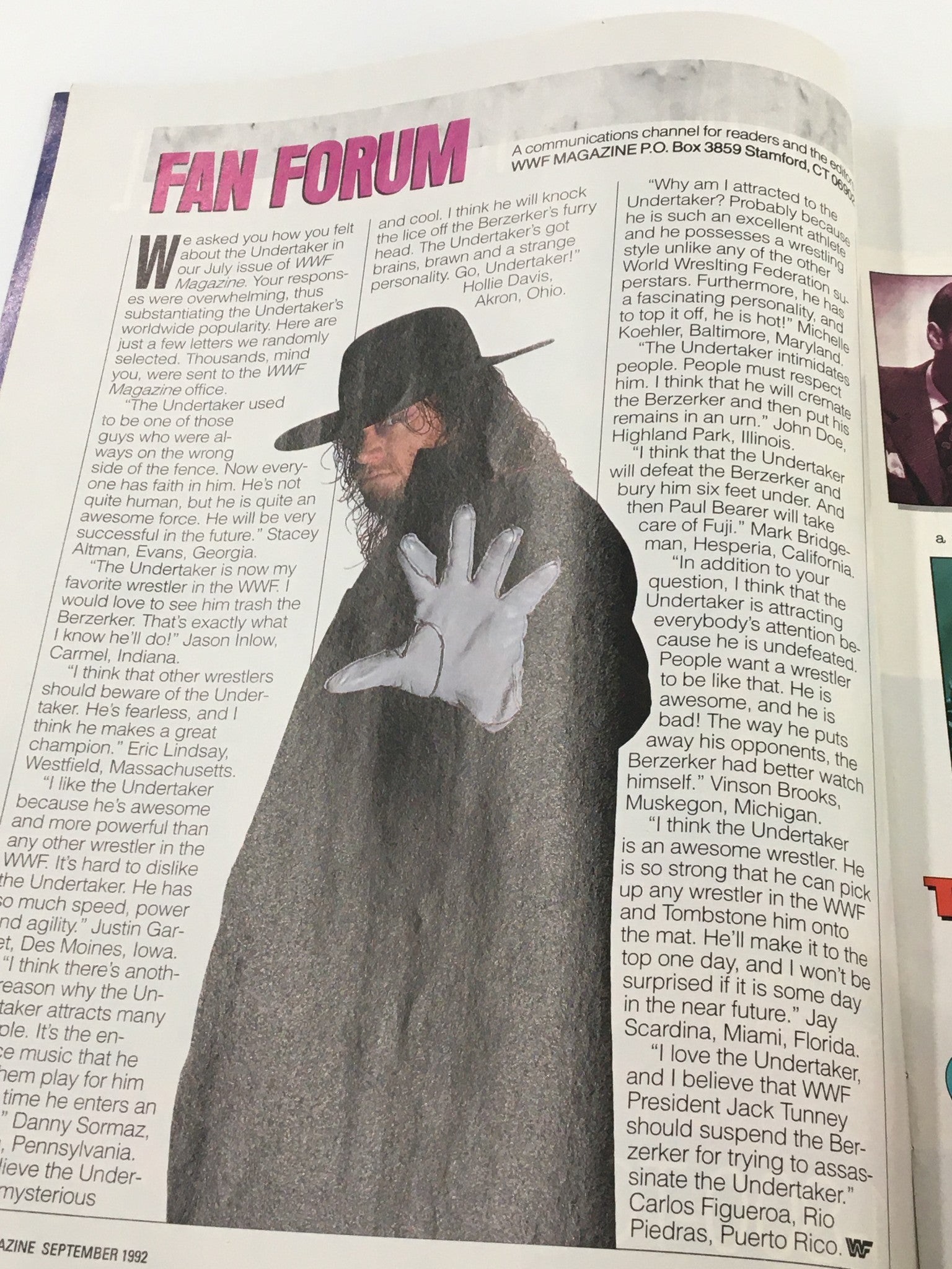 Fan Forum page from VTG WWF Magazine September 1992 discussing reader opinions about The Undertaker and his popularity.