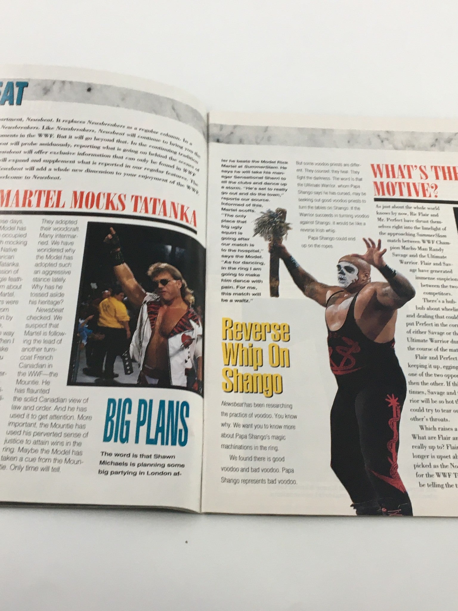 Article page from VTG WWF Magazine September 1992 highlighting Shawn Michaels and the rivalry with Tatanka.