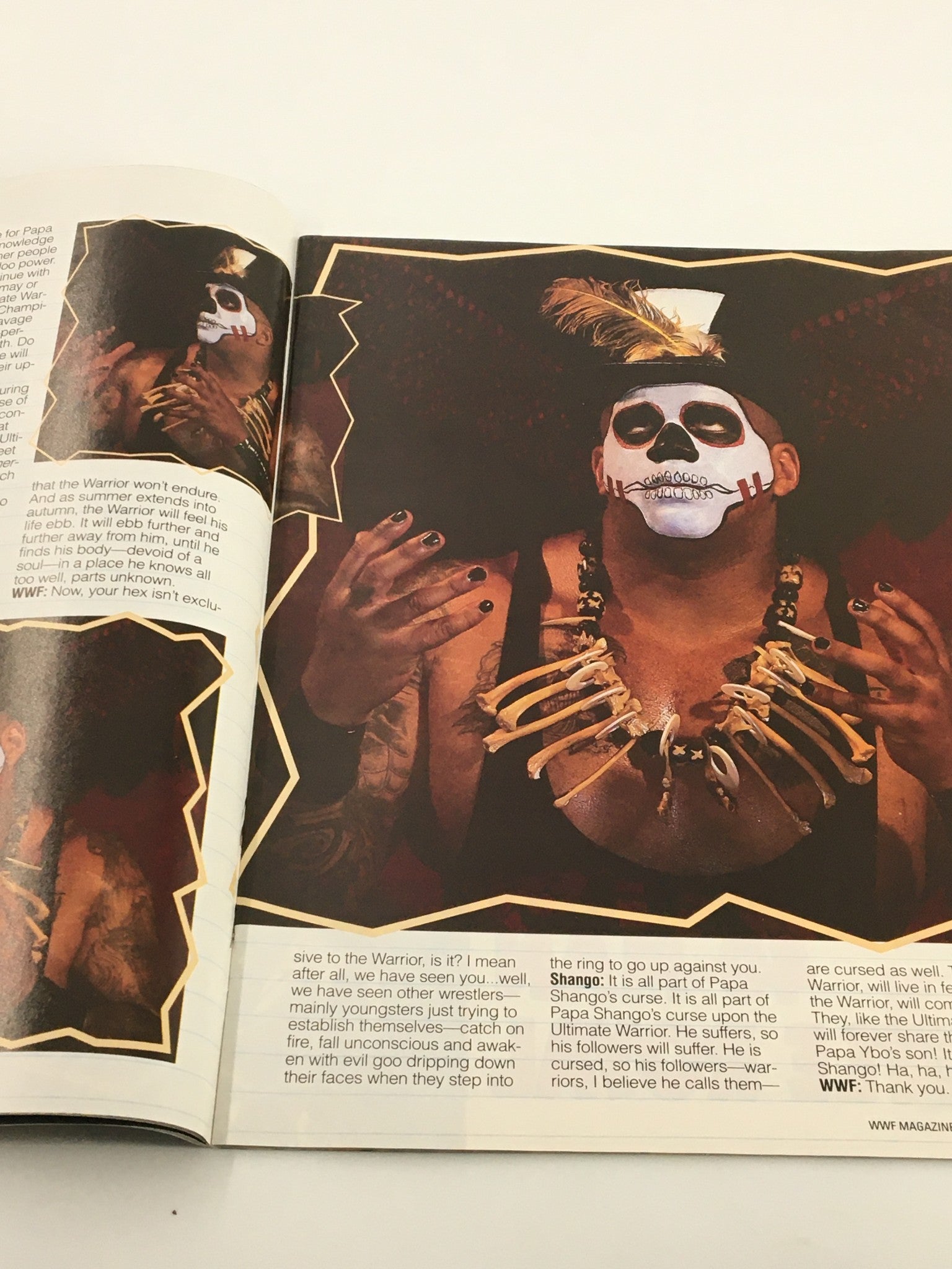Insightful page from VTG WWF Magazine September 1992 featuring Papa Shango and discussing his character and mystical elements.