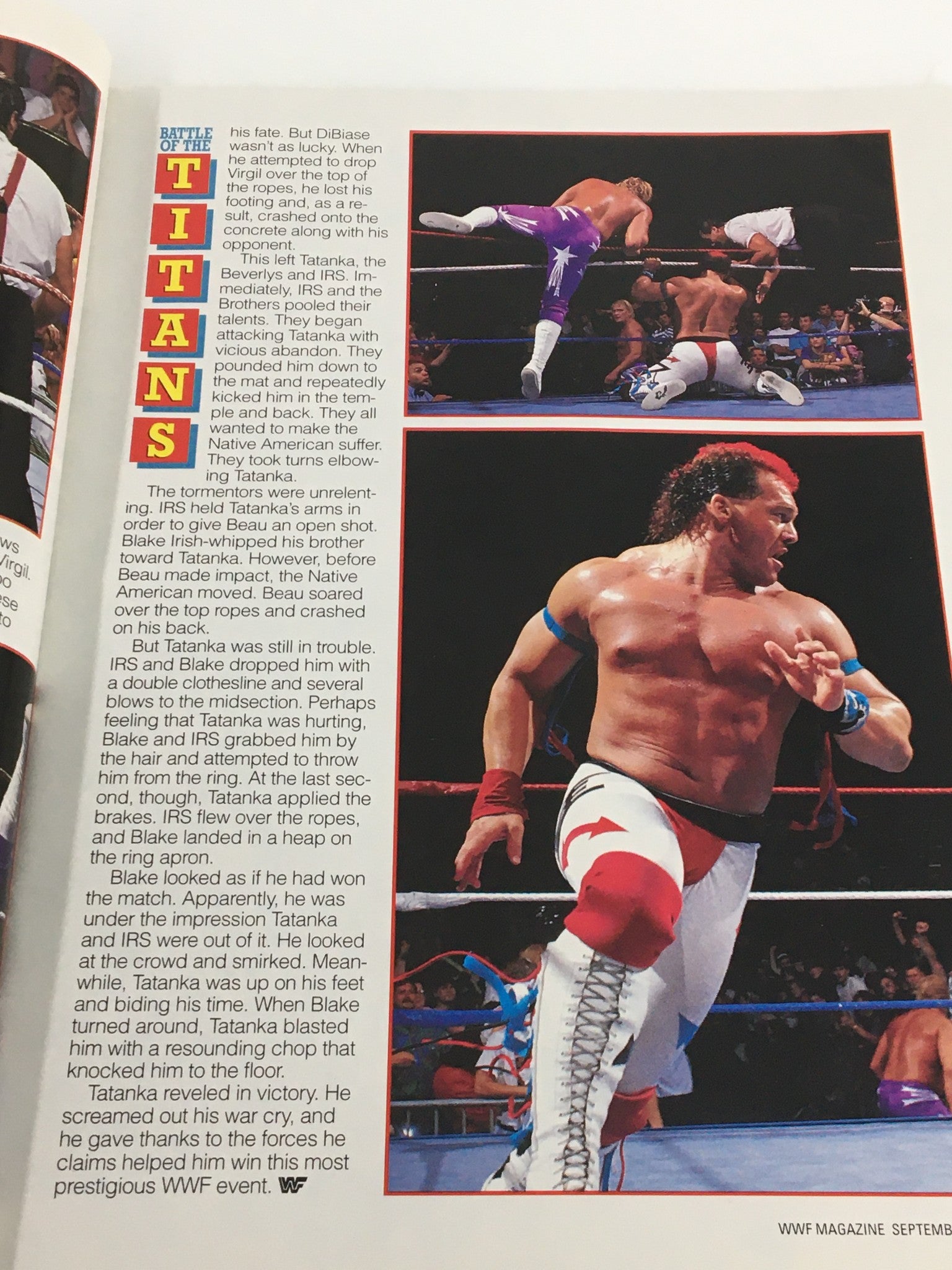 Battle of the Titans featured in VTG WWF Magazine September 1992 showcasing Tatanka in the ring with vivid action and background audience interaction.