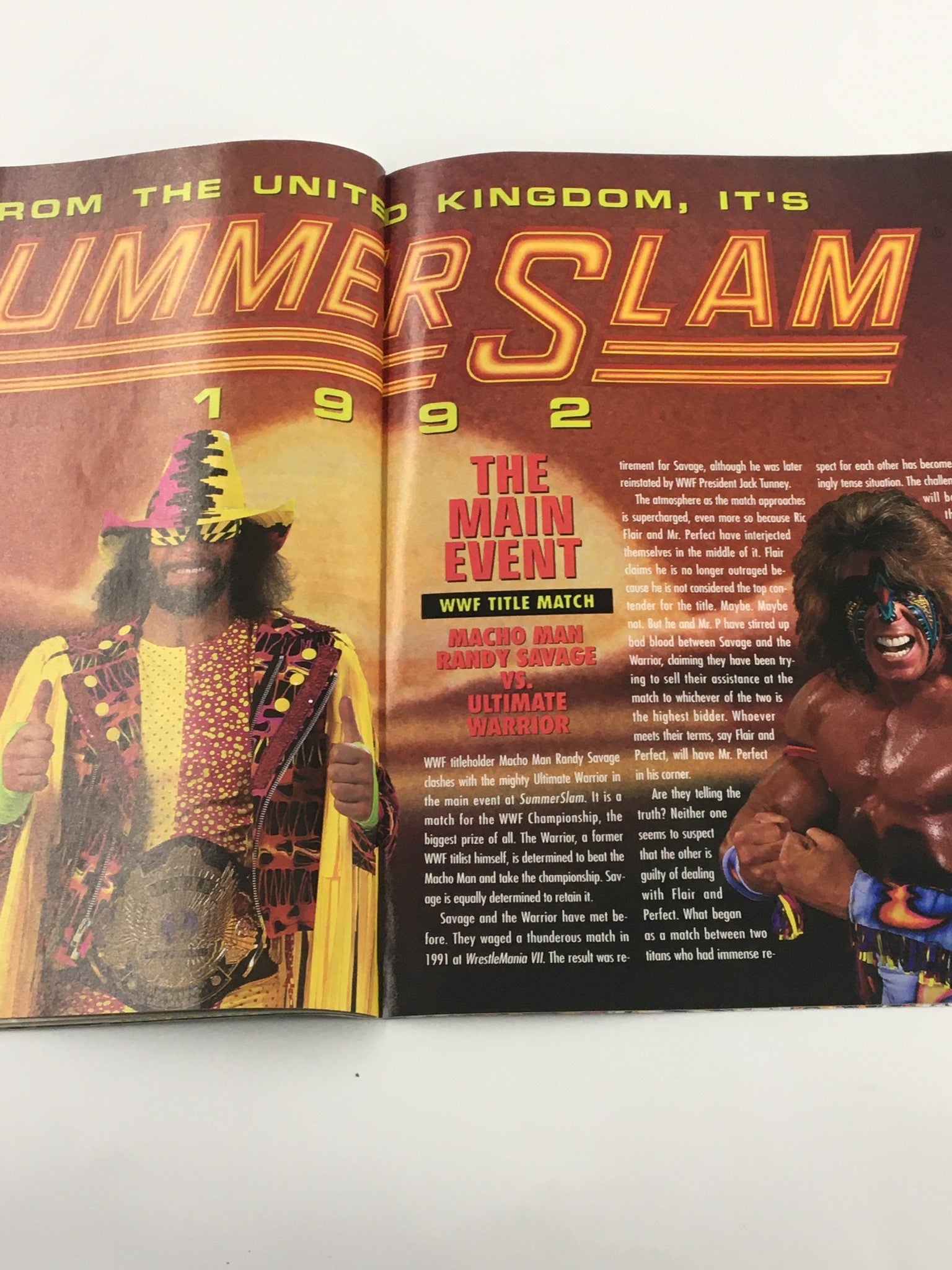 Main Event section of VTG WWF Magazine September 1992 highlighting the ultimate showdown between Macho Man Randy Savage and Ultimate Warrior.