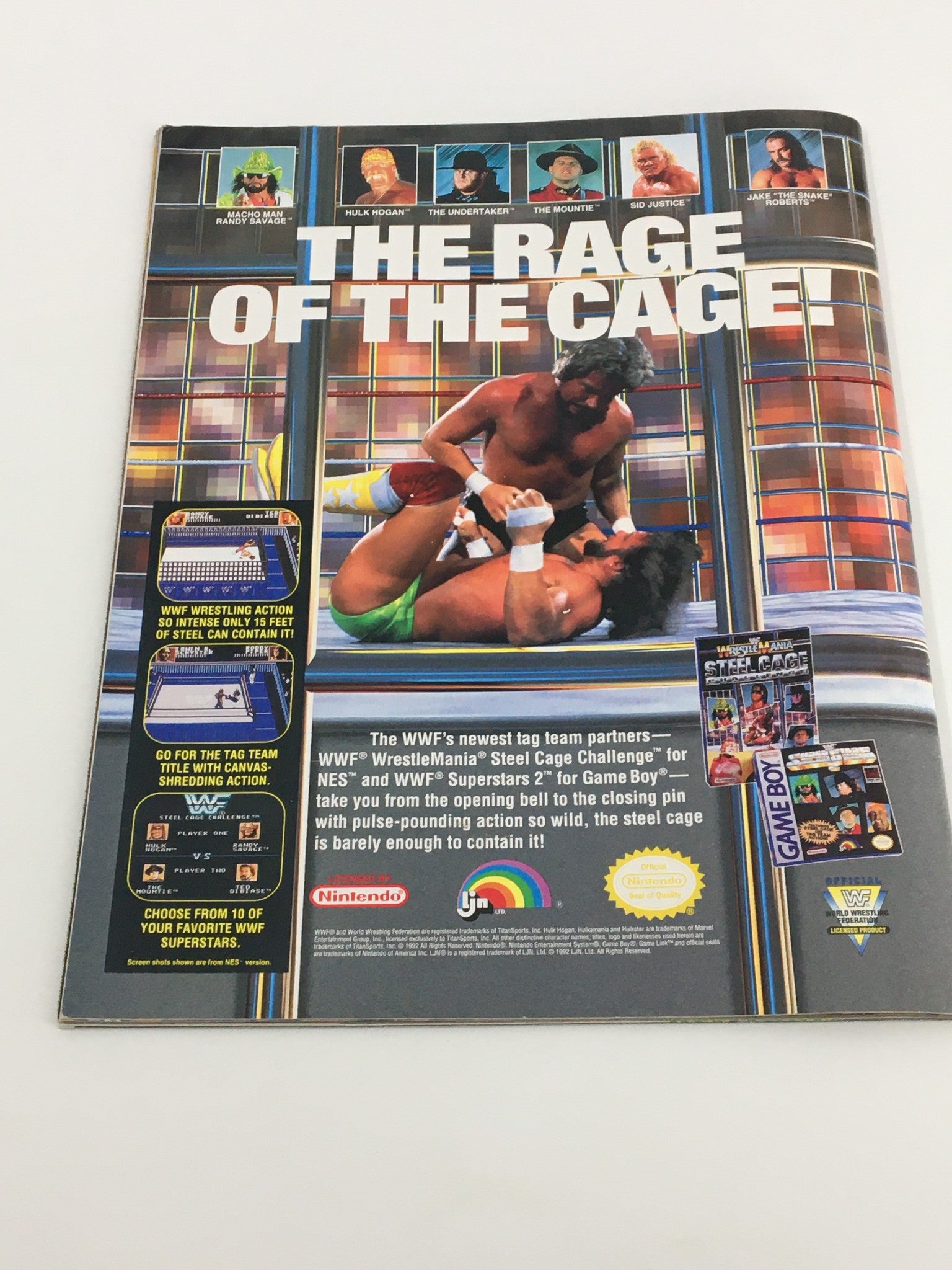 Promotional page for WWF's video game featured in VTG WWF Magazine September 1992 titled 'The Rage of the Cage' with wrestling graphics.