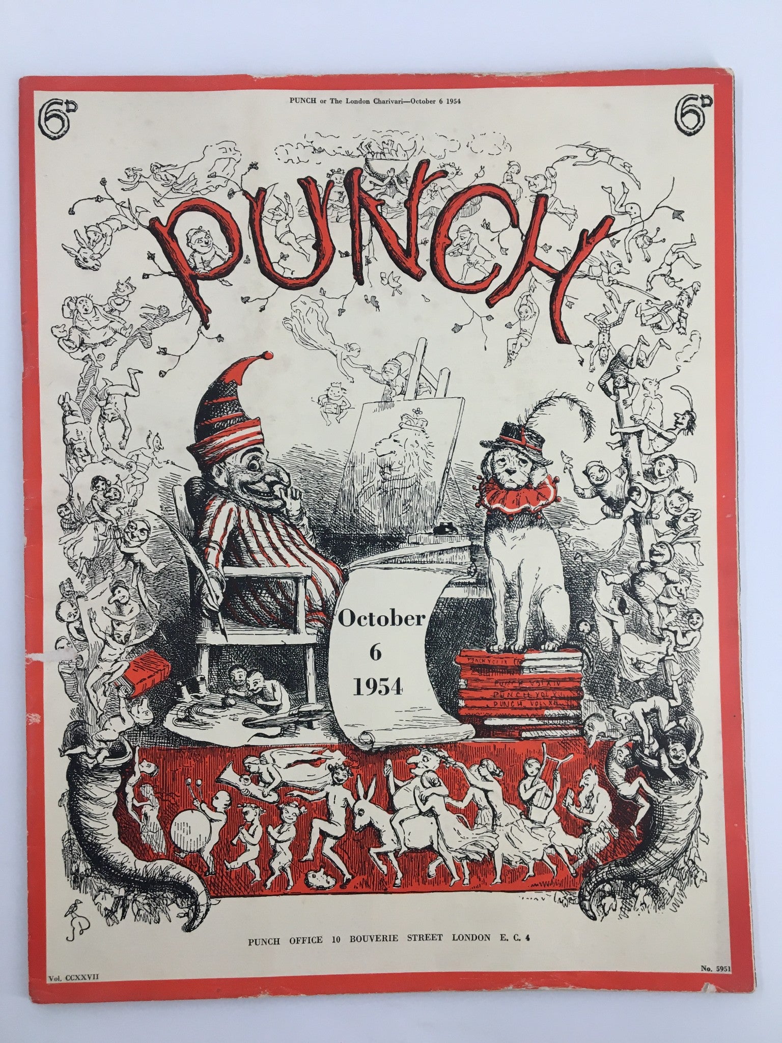 Vintage Punch magazine cover from October 6, 1954, featuring whimsical illustrations, including a clown and various caricatures, showcasing the humor and cultural commentary of post-World War II Britain. The title reads 'PUNCH' prominently at the top, making it a notable collectible for enthusiasts.