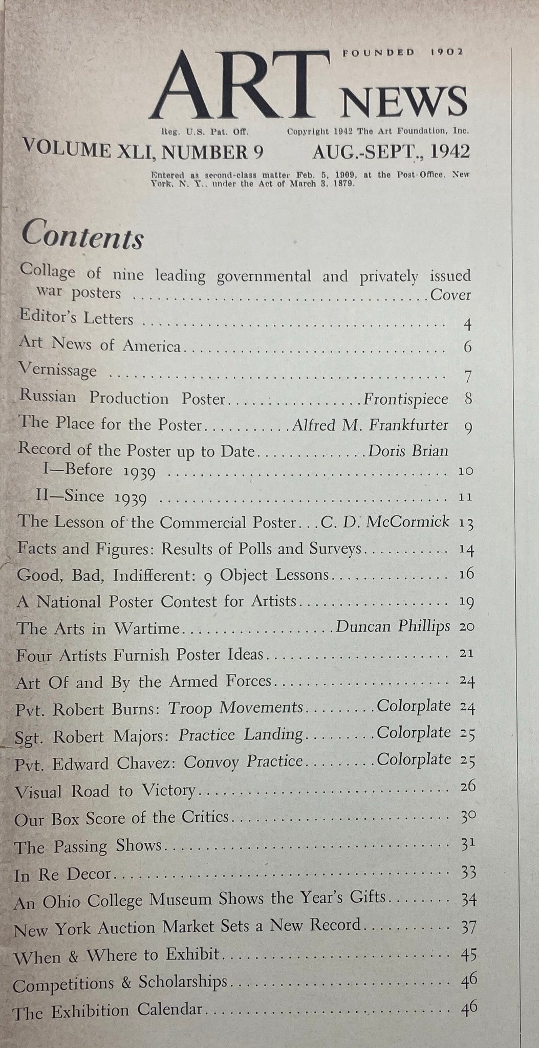 Table of contents page of Vintage Art News Magazine August - September 1942, listing key articles and features related to war posters and art during World War II.