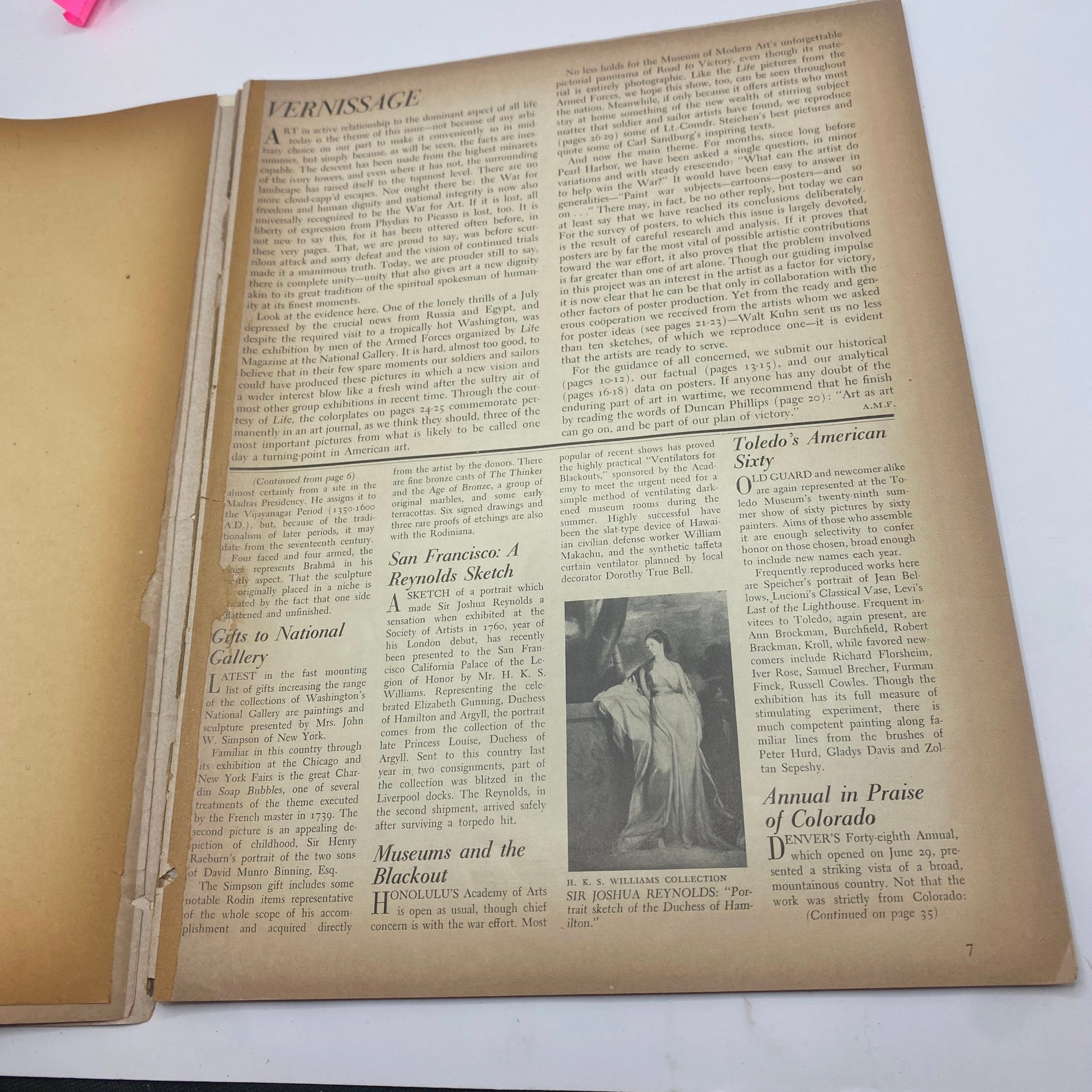 Article page titled 'Vernissage' from Vintage Art News Magazine August - September 1942 discussing cultural exhibitions and events during the wartime period.
