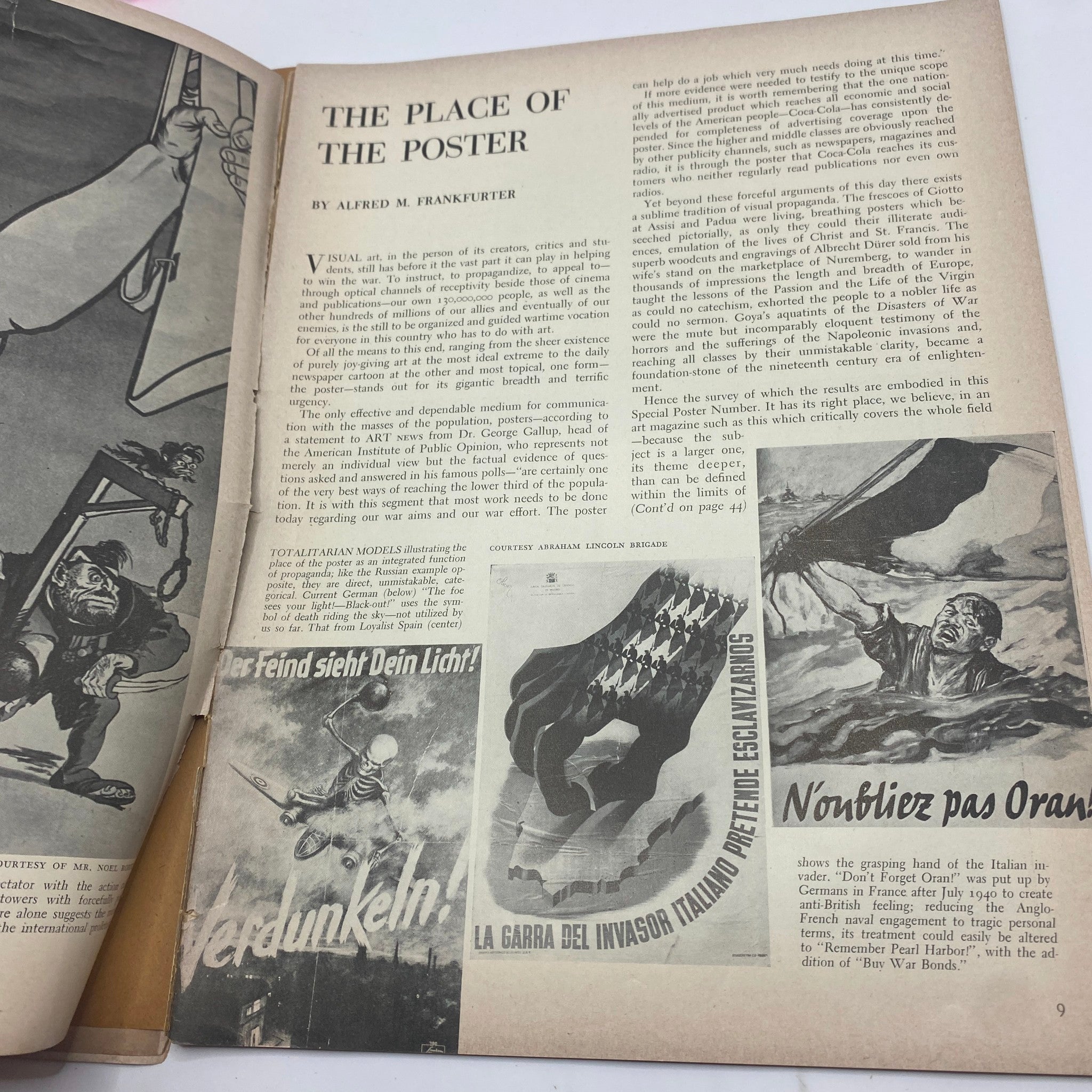 Article page titled 'The Place of the Poster' from Vintage Art News Magazine August - September 1942 analyzing the significance of visual art and posters in wartime propaganda.