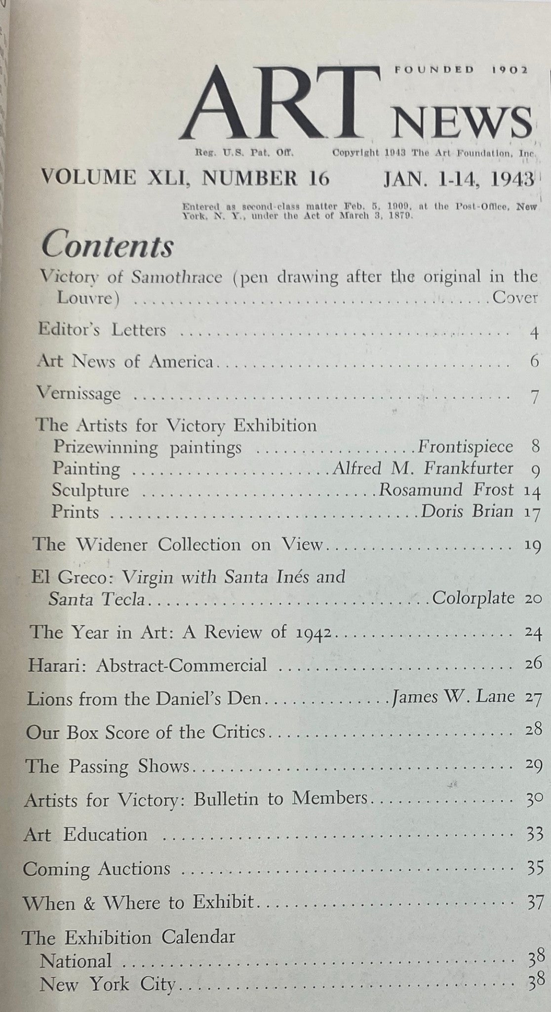 Table of contents from the Art News Magazine January 1-14, 1943, listing articles and features including the Victory of Samothrace, editor's letters, and key art exhibitions.