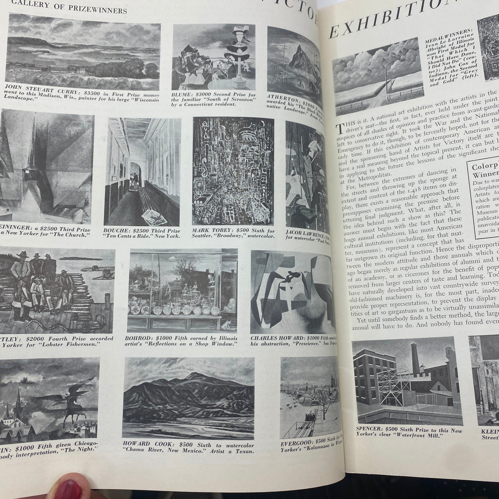 Art News Magazine January 1-14, 1943 Victory of Samothrace showcasing a gallery of prize-winning artworks, including paintings and detailed descriptions of artists and awards.