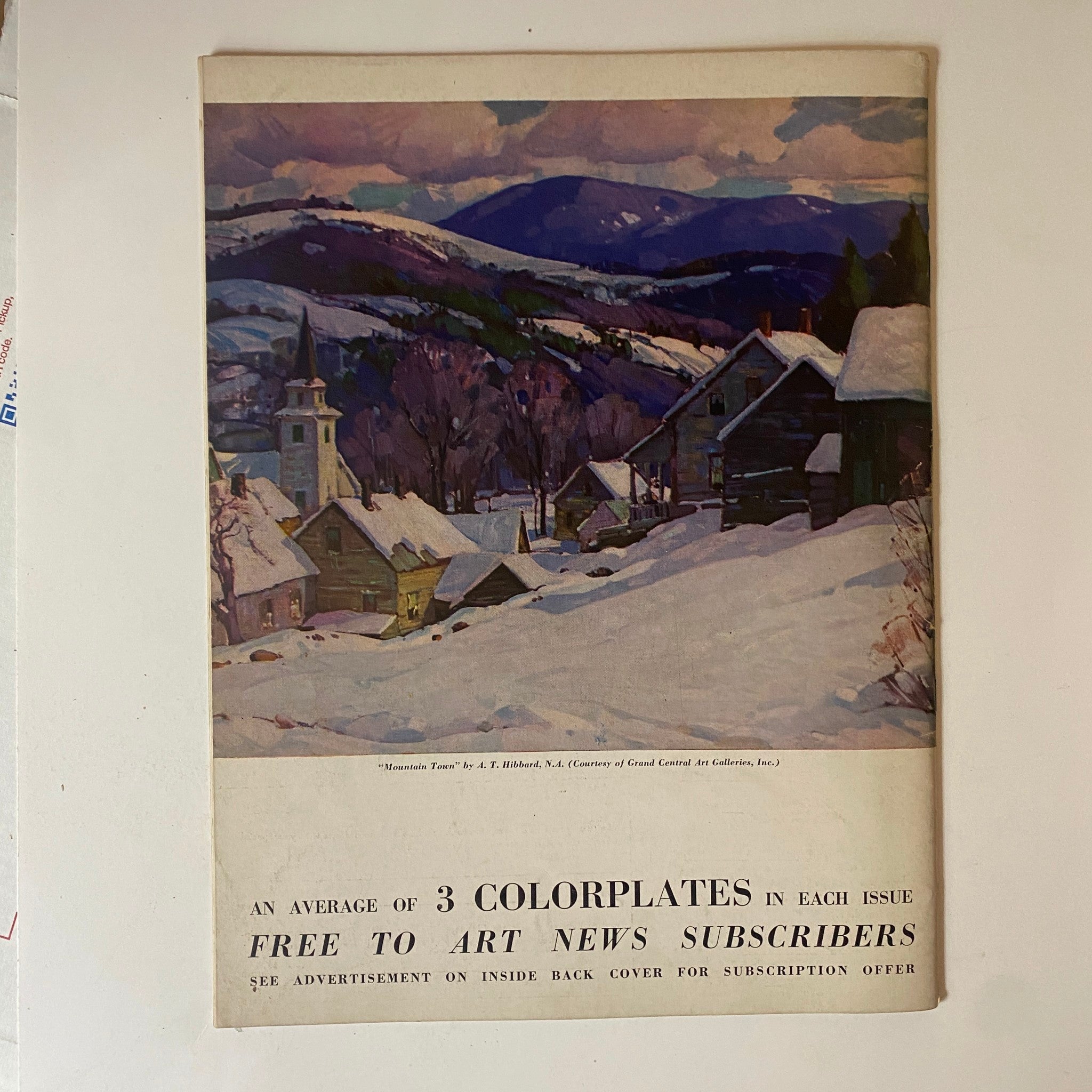 Art News Magazine January 1-14, 1943 Victory of Samothrace displaying a stunning winter landscape titled 'Mountain Towns' by A.T. Hibbard, promoting subscriptions to Art News.