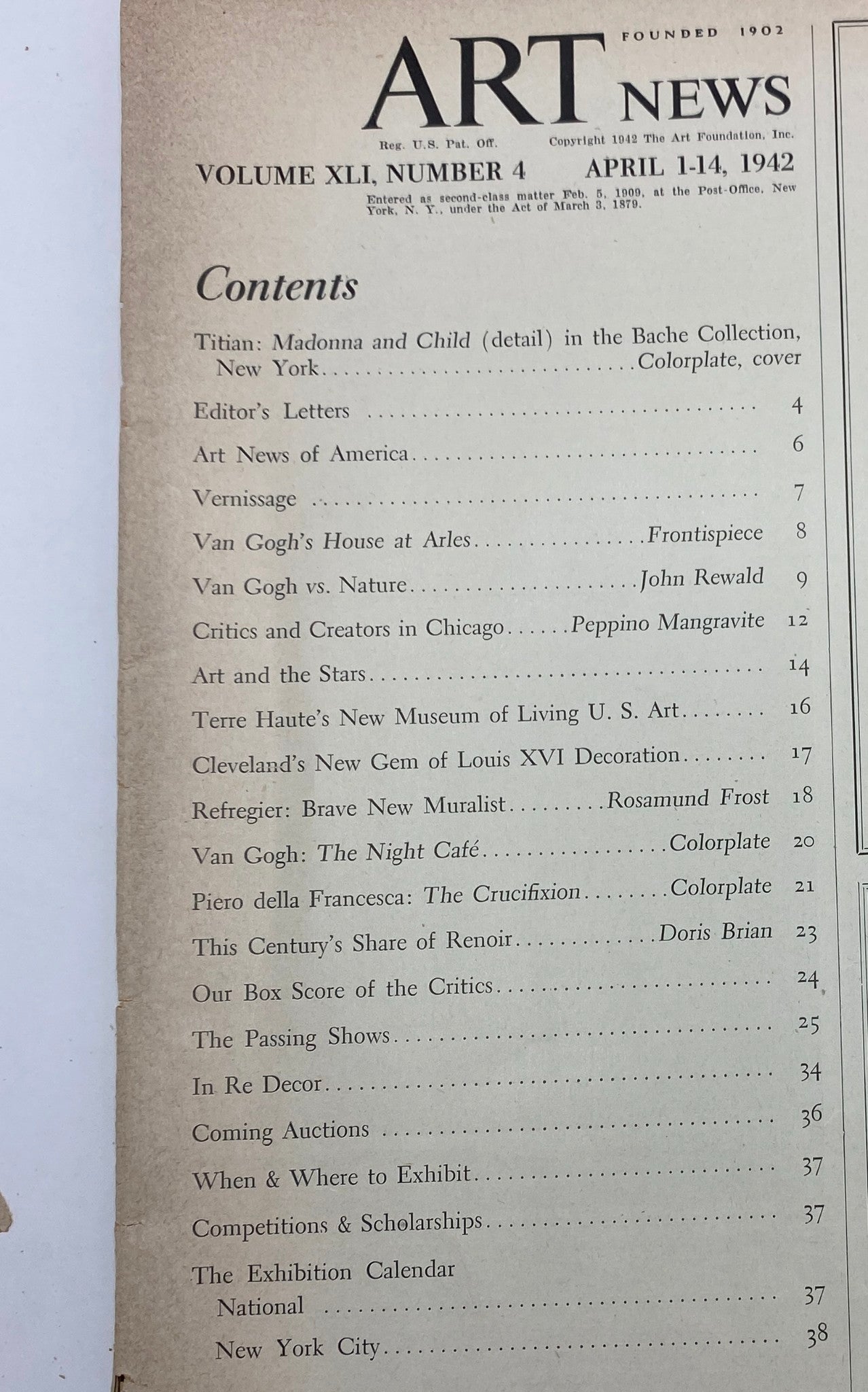 Contents page of the Art News Magazine April 1, 1942, listing articles and features including Titian's Madonna and Child.