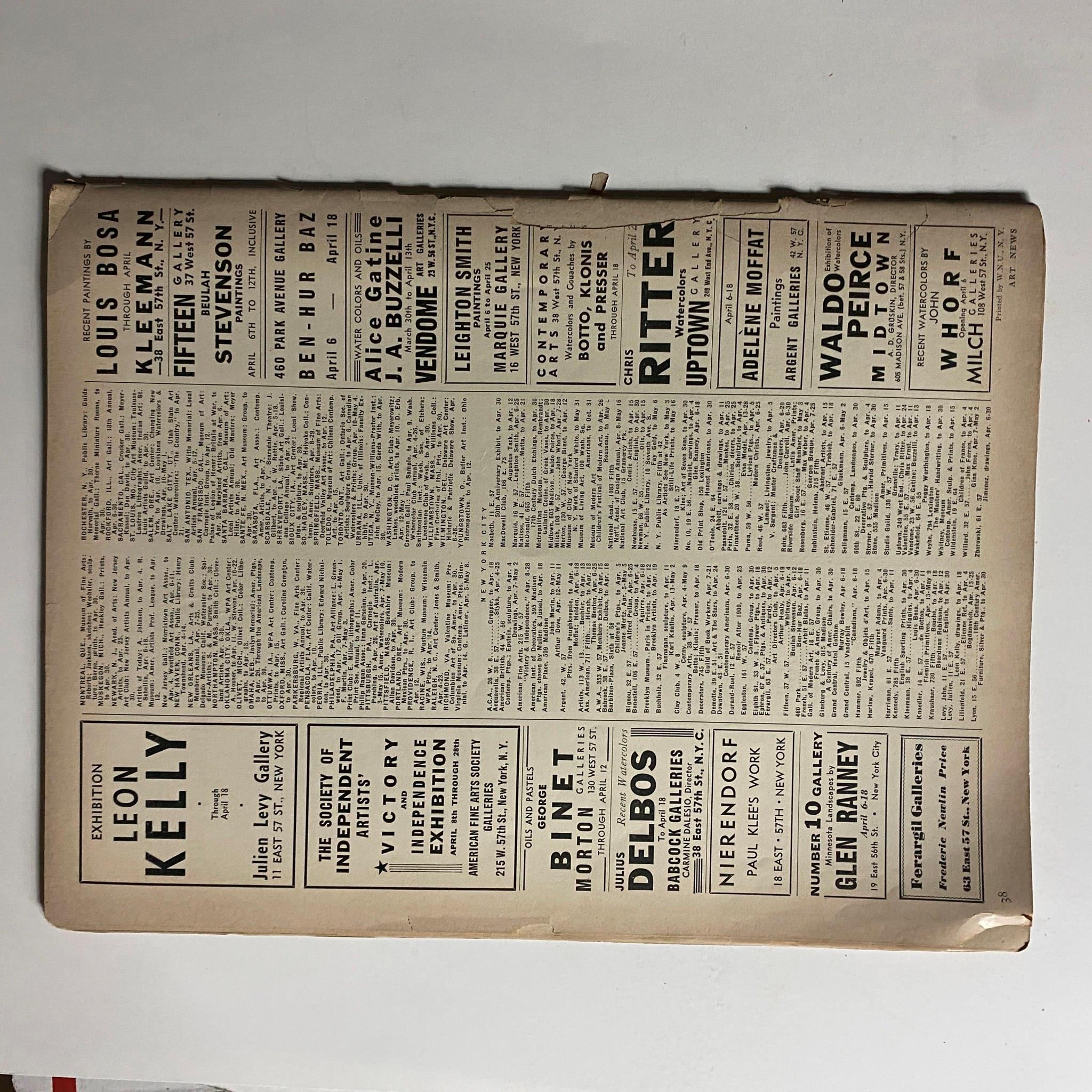 Back cover of the Art News Magazine April 1, 1942, displaying exhibition advertisements and listings.