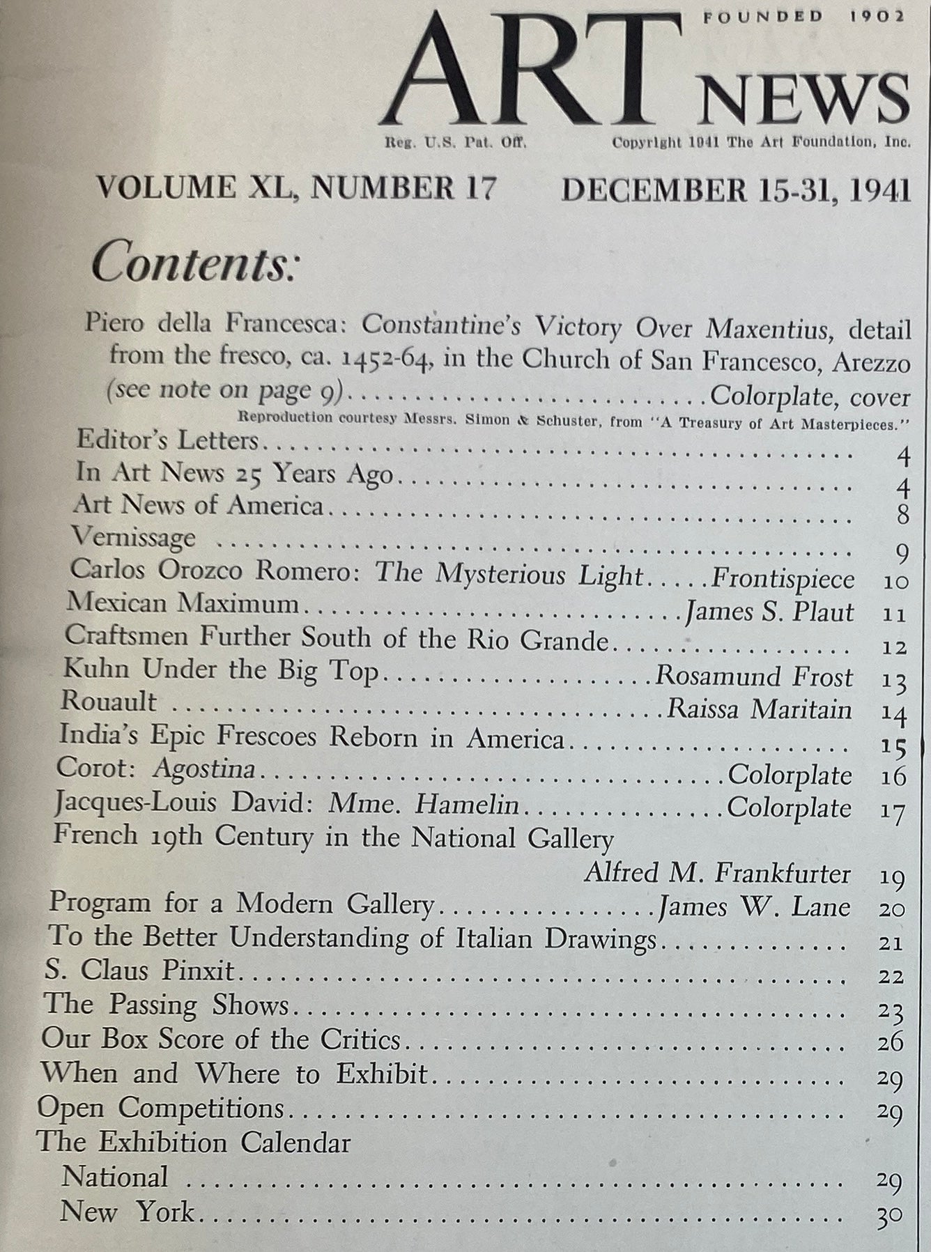 Contents page of the VTG Art News Magazine December 15, 1941, listing articles including 'Constantine's Victory Over Maxentius' and various art news.
