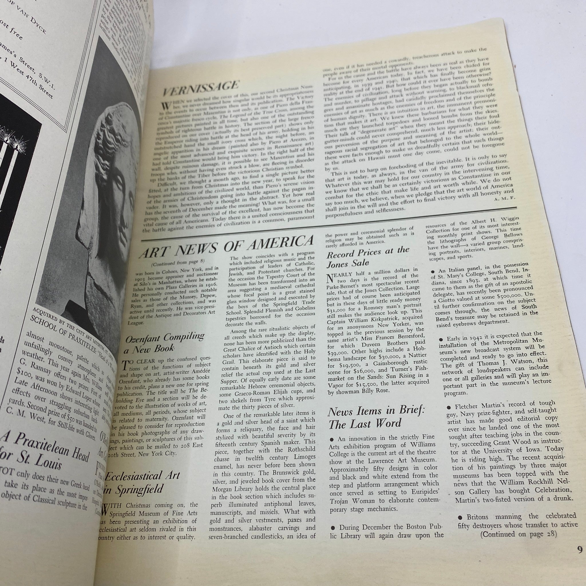 Interior page of the VTG Art News Magazine December 15, 1941 showcasing the 'Vernissage' section and 'Art News of America'.