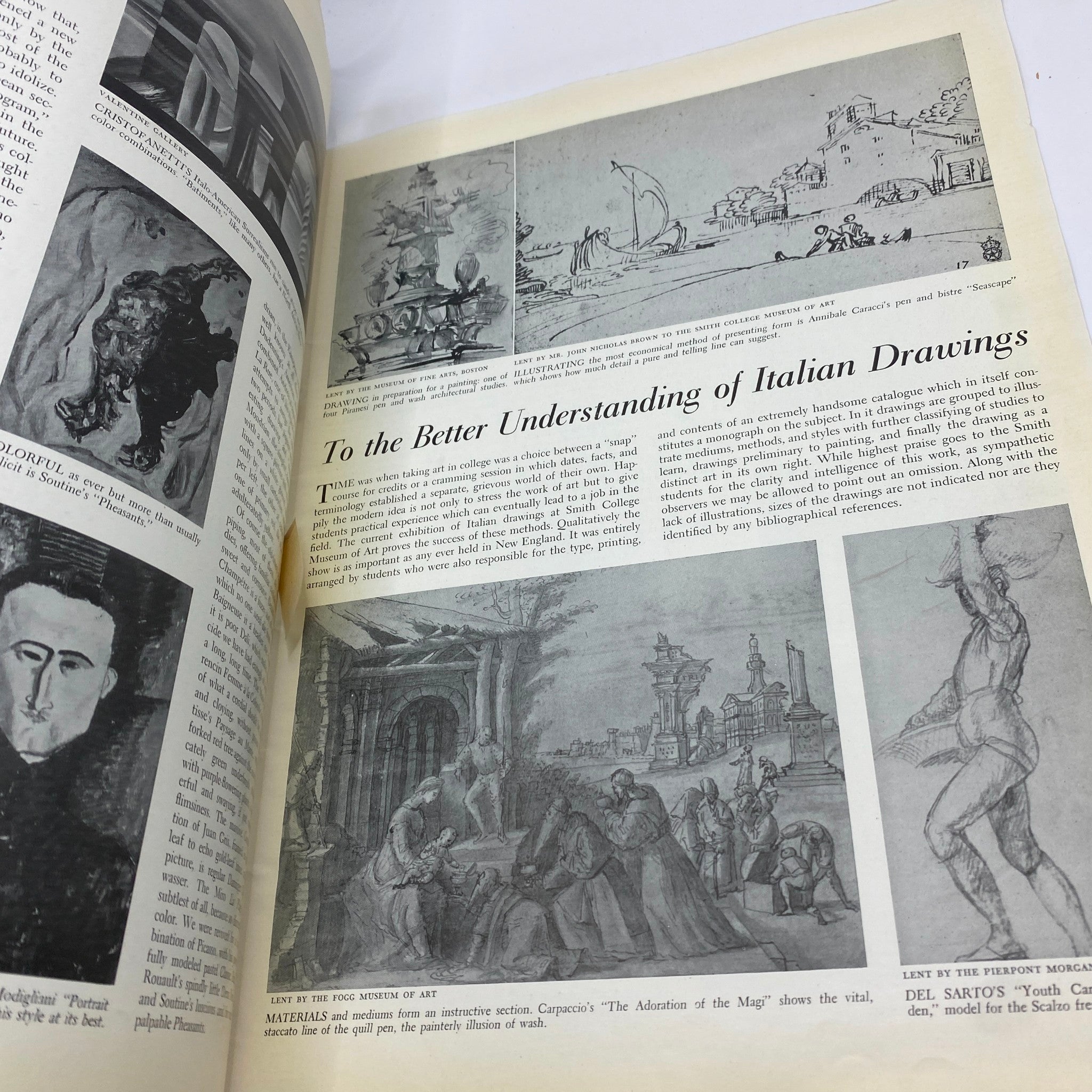 Inside page from VTG Art News Magazine December 15, 1941 showcasing diverse Italian drawings and commentary on the importance of artistic education.