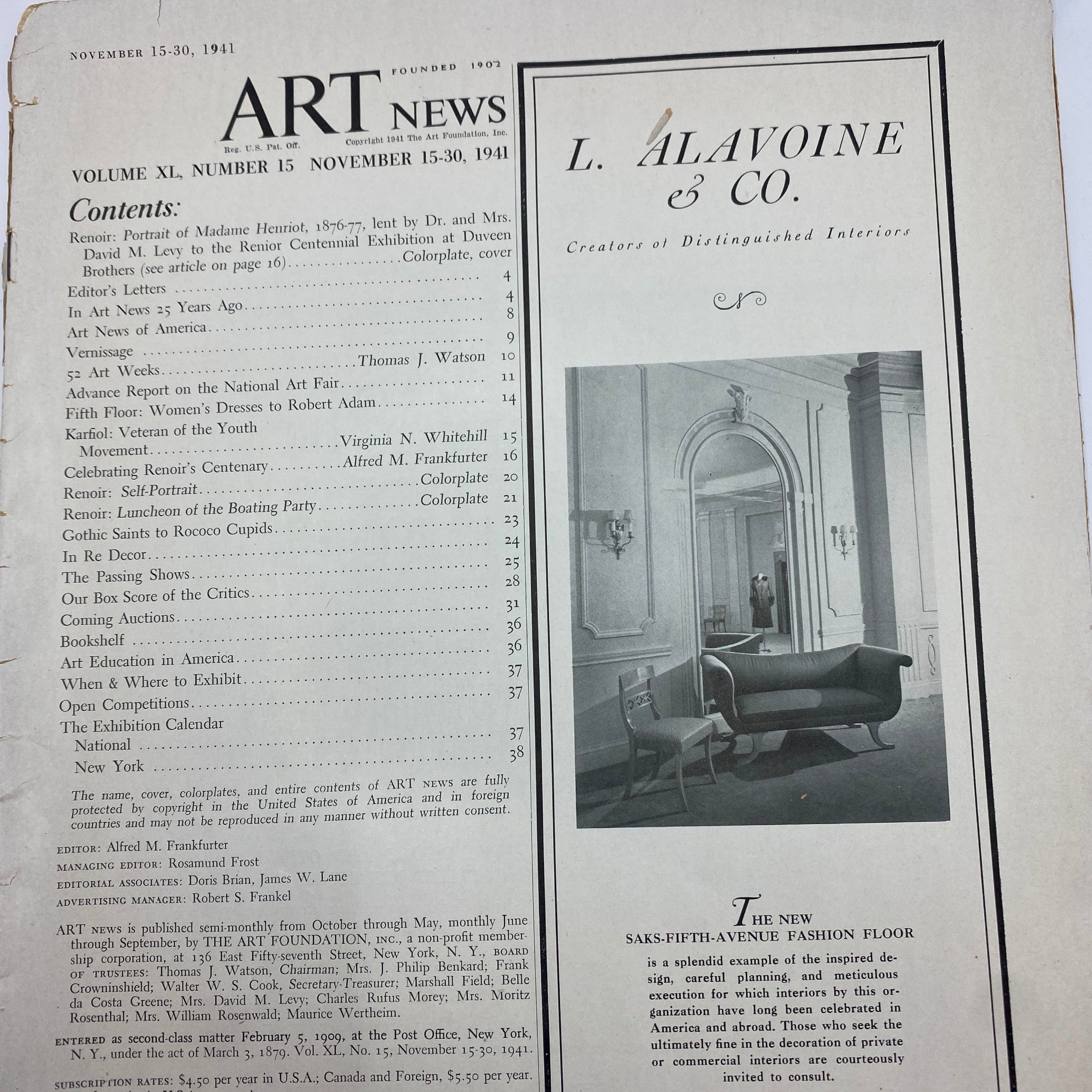 VTG Art News Magazine November 15, 1941 Portrait of Madame Henriot No Label