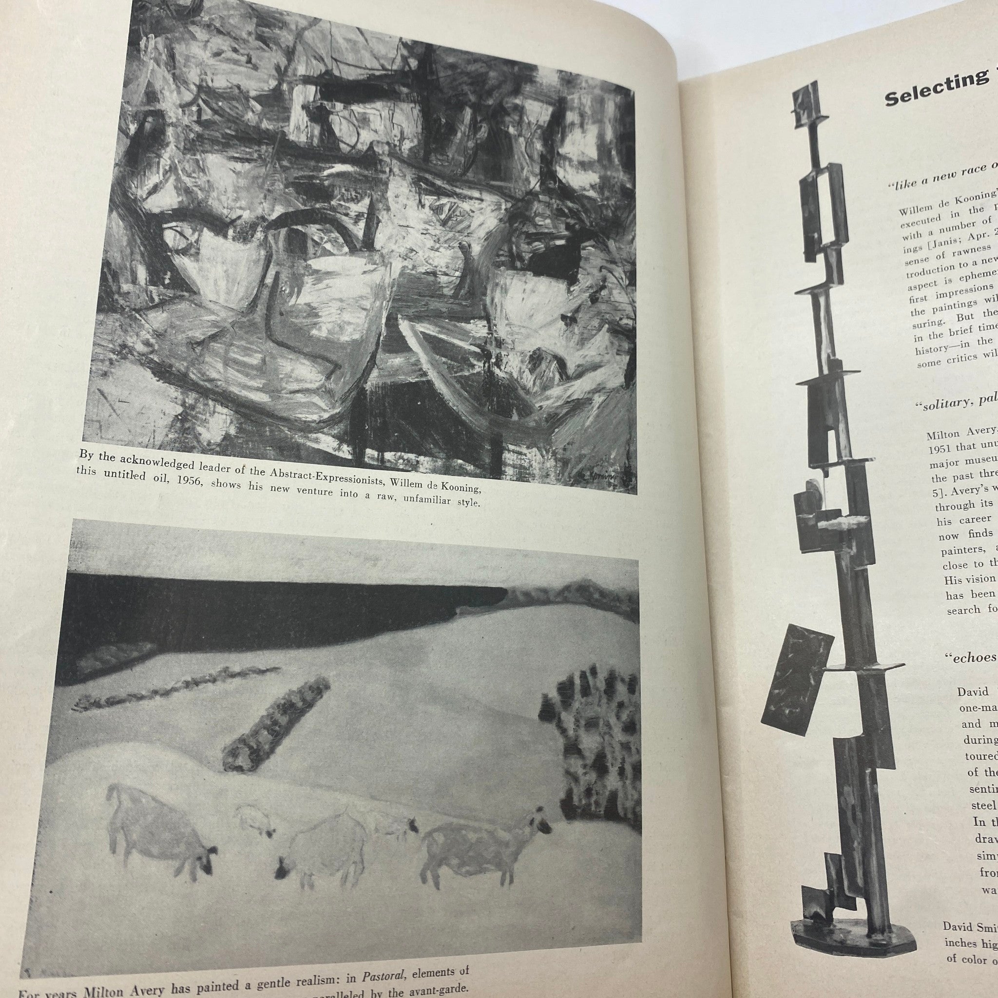 Interior pages of the April 1956 Art News Magazine displaying artworks by Willem de Kooning and Milton Avery.