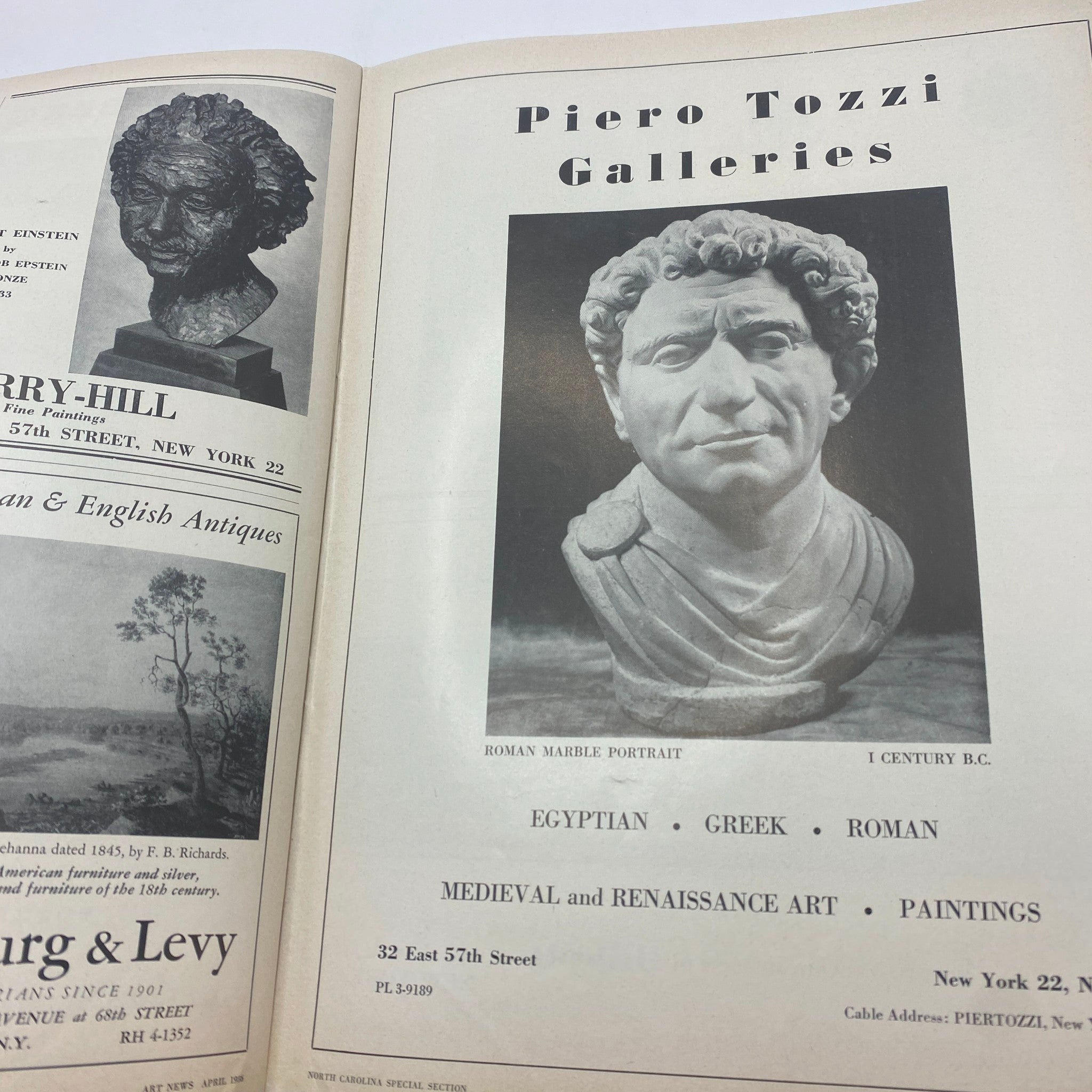 Advertisement page in the April 1956 Art News Magazine featuring Piero Tozzi Galleries and highlighting classical art sculptures.