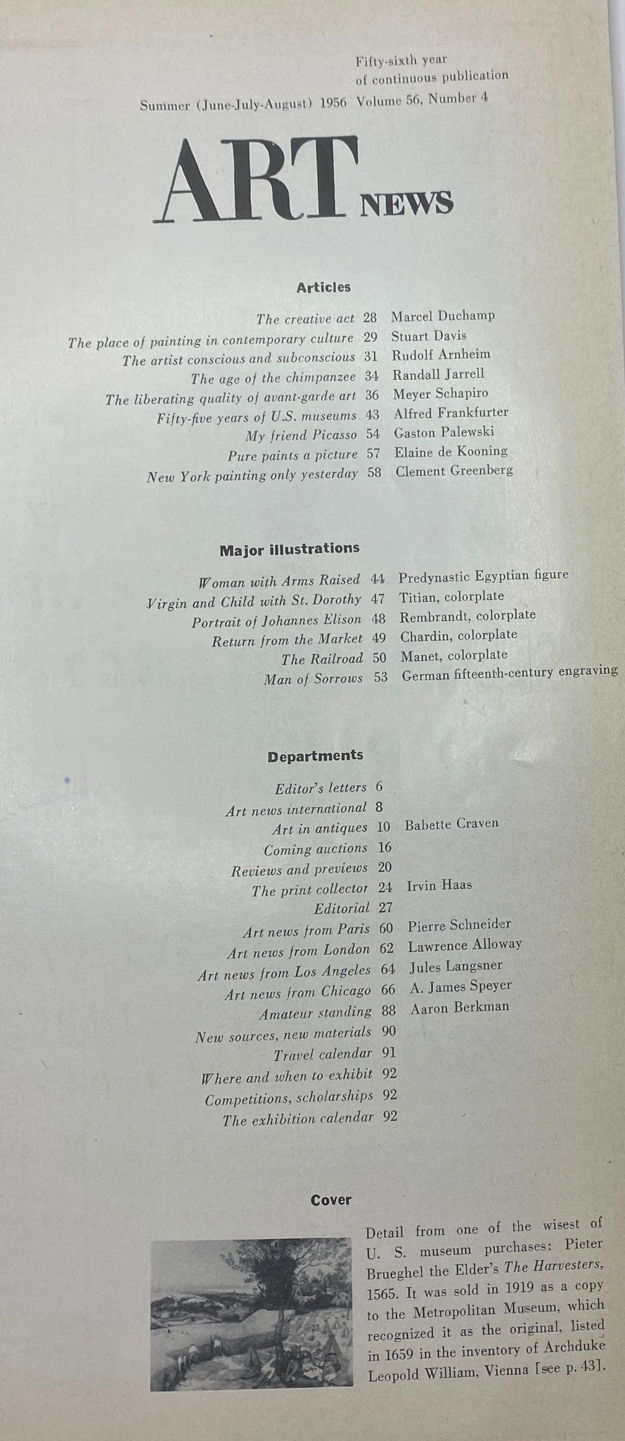 Table of contents for the VTG Art News Magazine Summer 1957. Highlights include articles and illustrations related to contemporary art and significant artists.