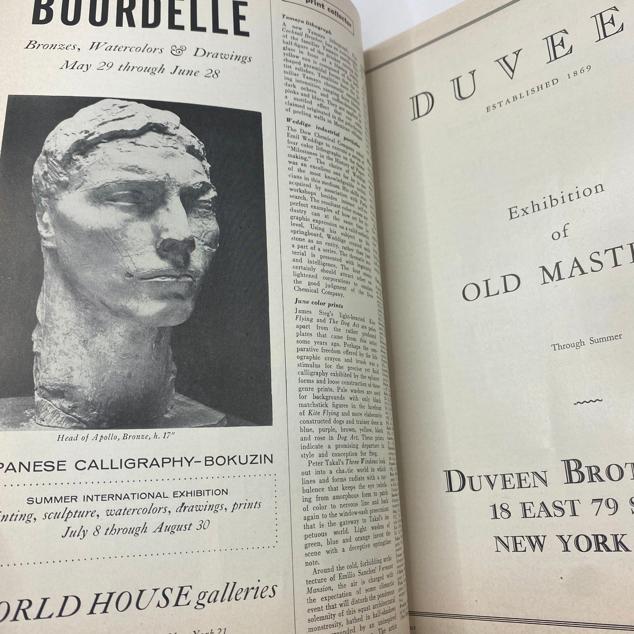 Interior page from VTG Art News Magazine Summer 1957 showcasing an exhibition announcement for Japanese Calligraphy and a review on artist Bouguereau.