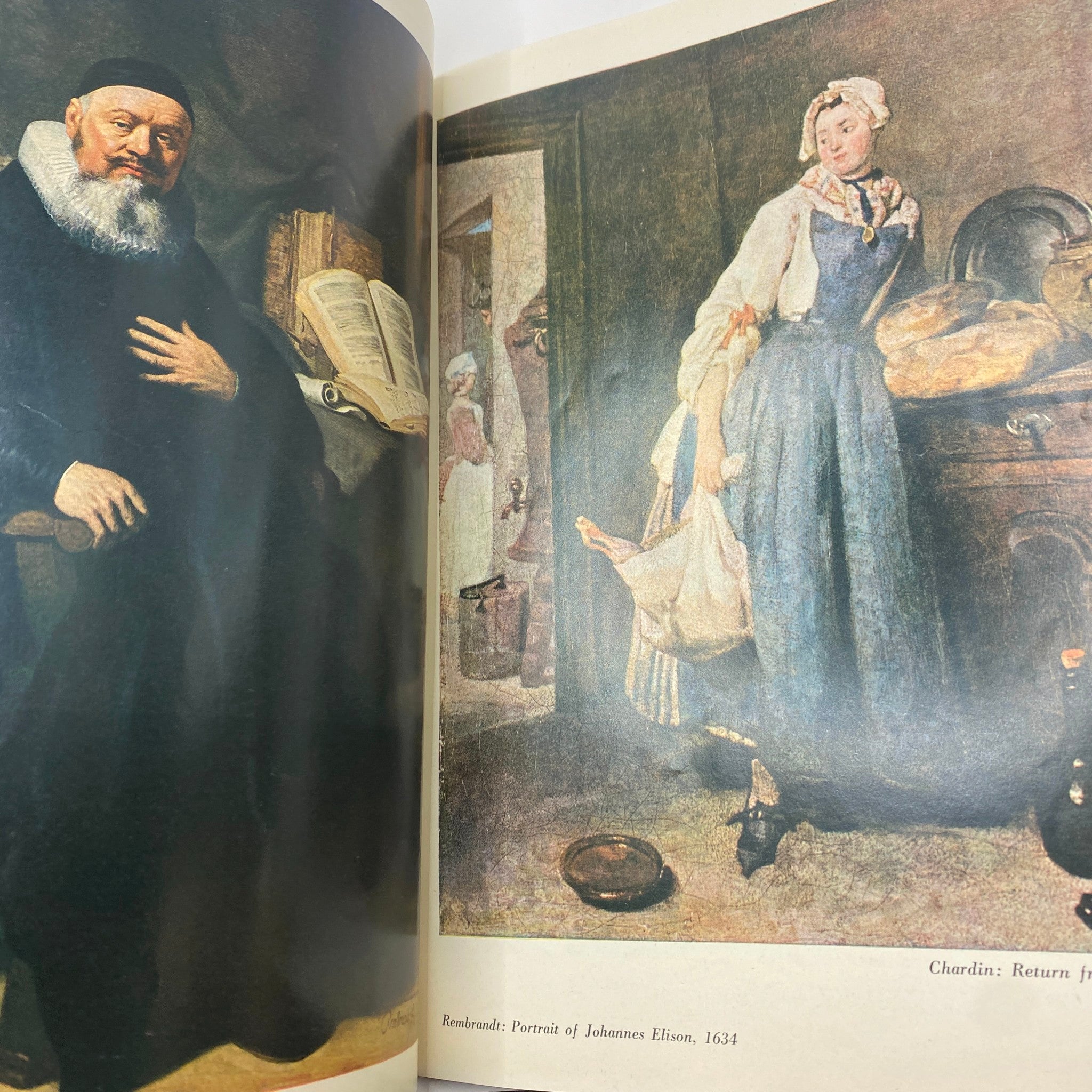 Interior page from VTG Art News Magazine Summer 1957 displaying Rembrandt's 'Portrait of Johannes Elison' alongside Chardin's 'Return from the Market'.