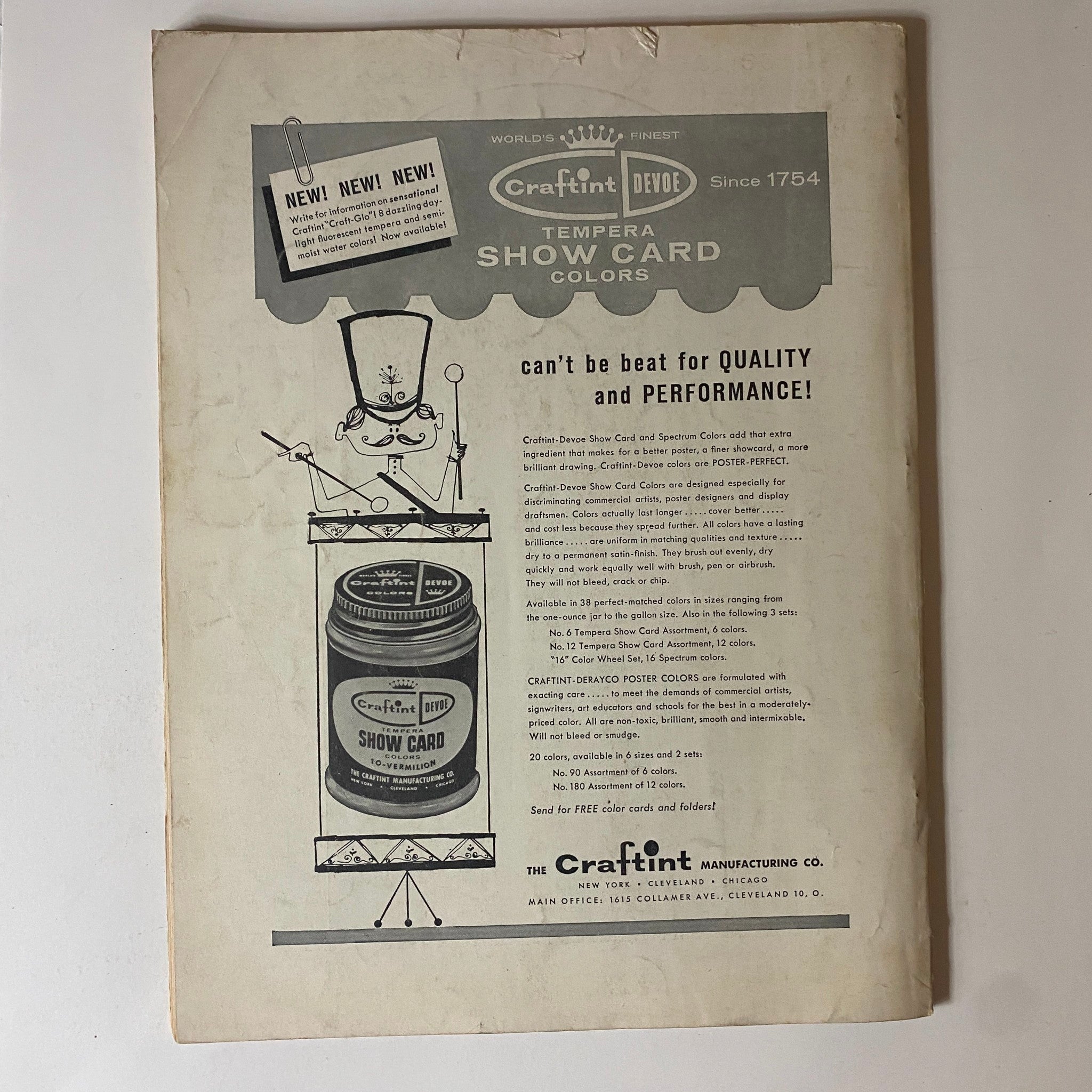 Vintage advertisement from Craftint showcasing their Tempera Show Card colors, emphasizing quality and performance. This piece captures the craftsmanship of art supplies from the era, aligning with the Art News Magazine Summer 1957 featuring The Harvesters by Pieter Brueghel.