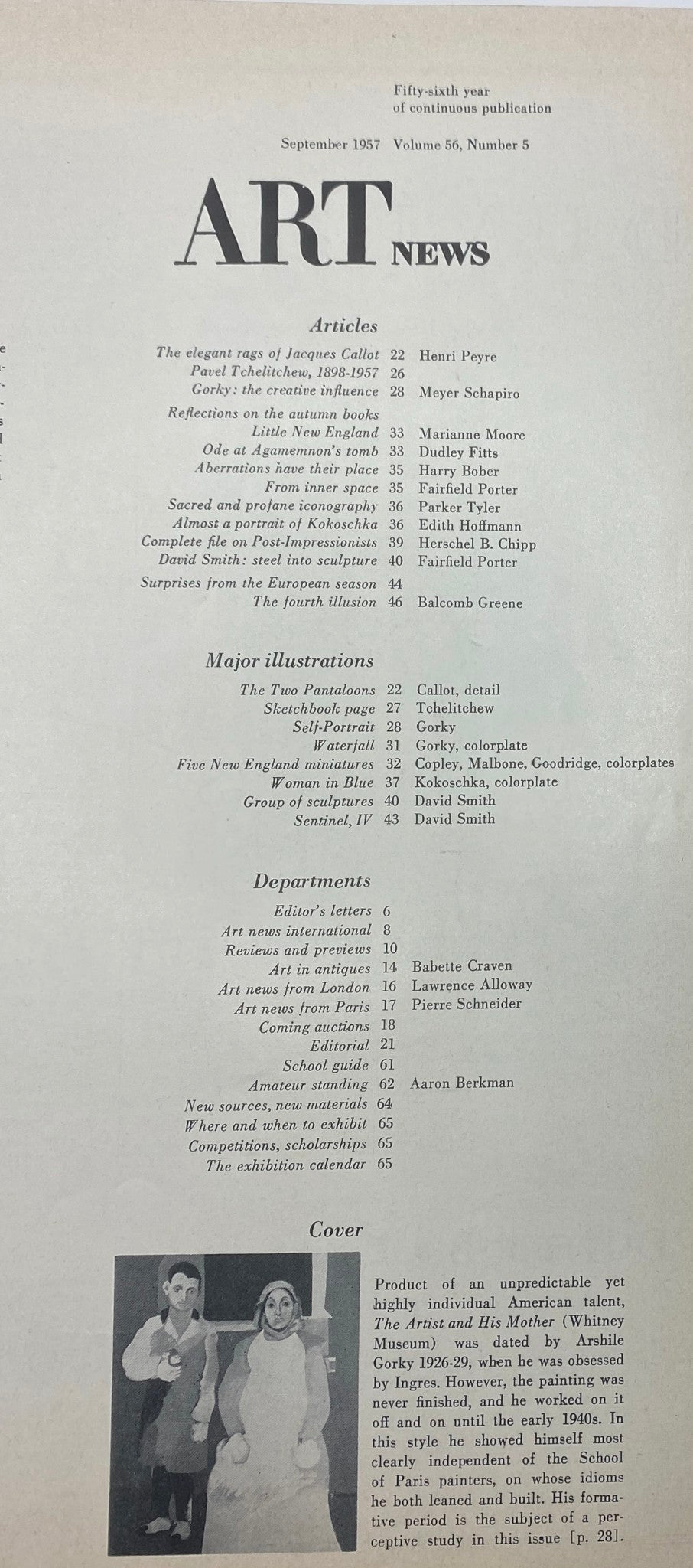Cover page of VTG Art News Magazine from September 1957 featuring articles, illustrations, and the title 'ART NEWS' highlighting key contributors and topics.