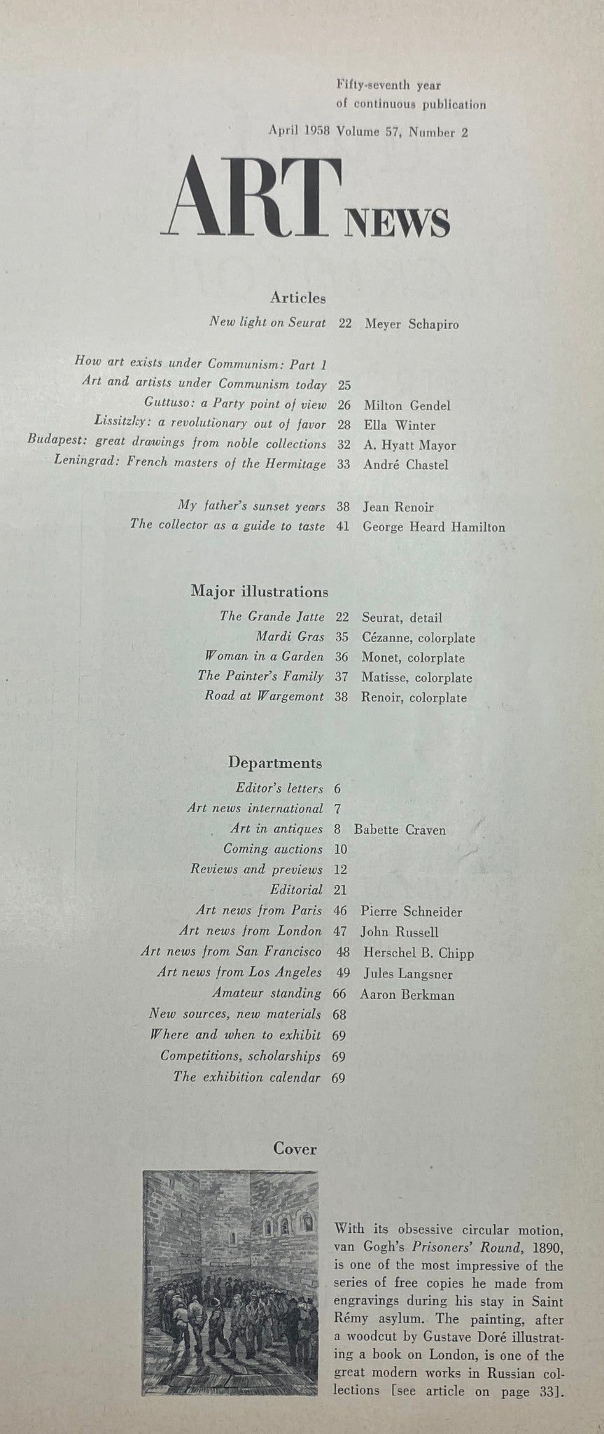 Interior page of the VTG Art News Magazine April 1958, detailing articles including 'How art exists under Communism,' featuring significant artists and art movements of the time.