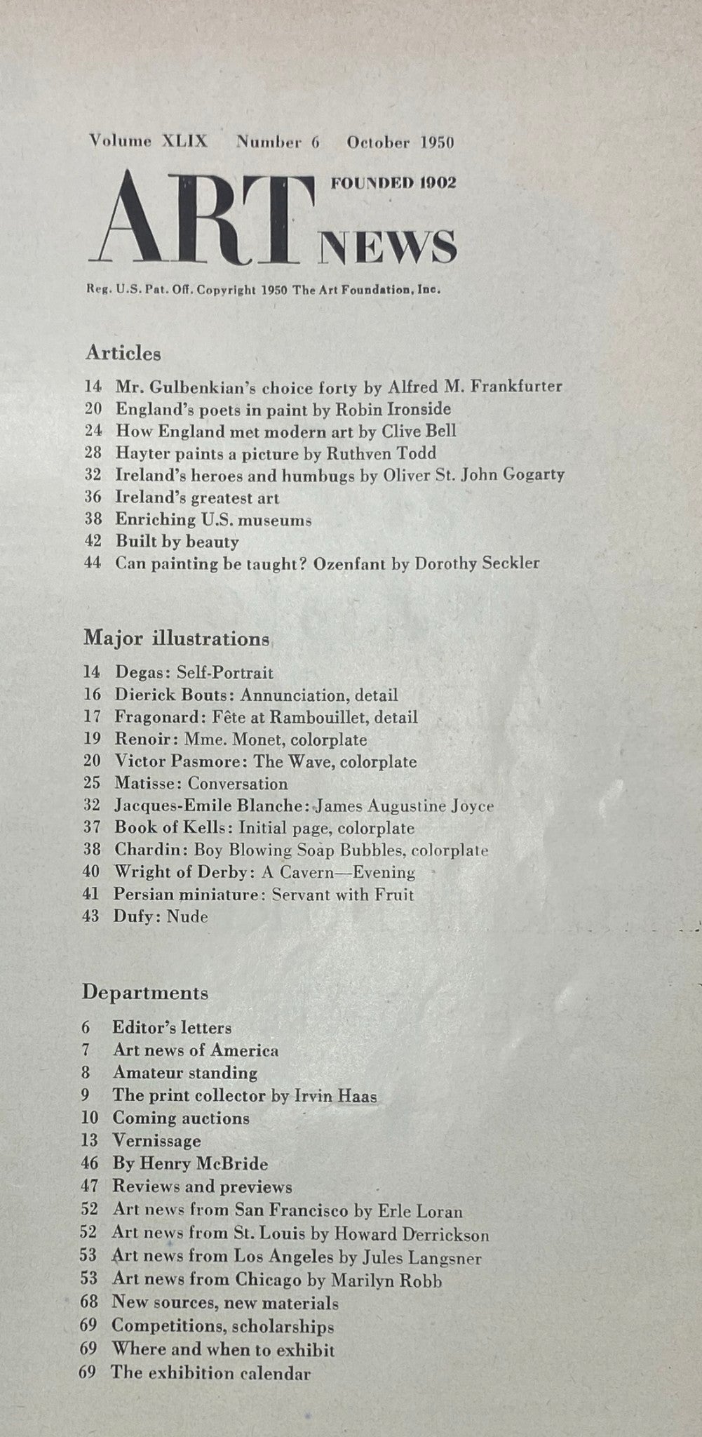 Table of contents from VTG Art News Magazine October 1950, showcasing various articles and illustrations related to art history.