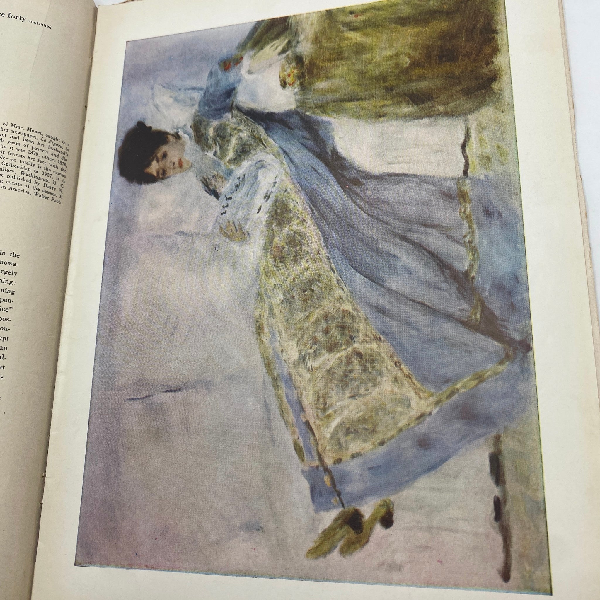Interior page of VTG Art News Magazine October 1950, displaying a color illustration of a woman in a blue dress, an artwork by Renoir.