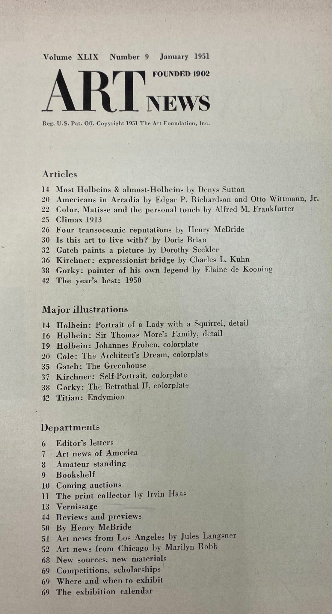 Table of contents from the January 1951 issue of Art News Magazine, displaying article titles and featured illustrations, including discussions on various artists and art movements, titled 'VTG Art News Magazine January 1951 Kirchner: Self-Portrait, colorplate No Label'.