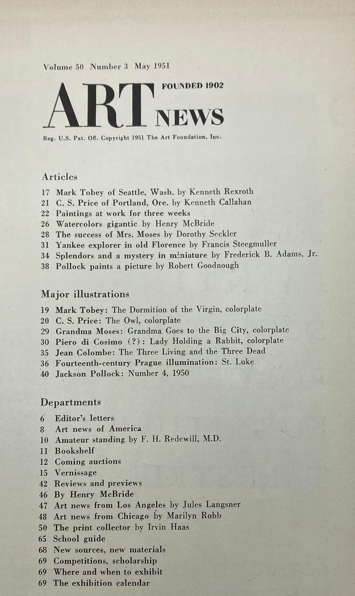 Table of contents for 'VTG Art News Magazine May 1951', detailing articles and features, including 'Mark Tobey of Seattle, Wash' by Kenneth Rexroth.