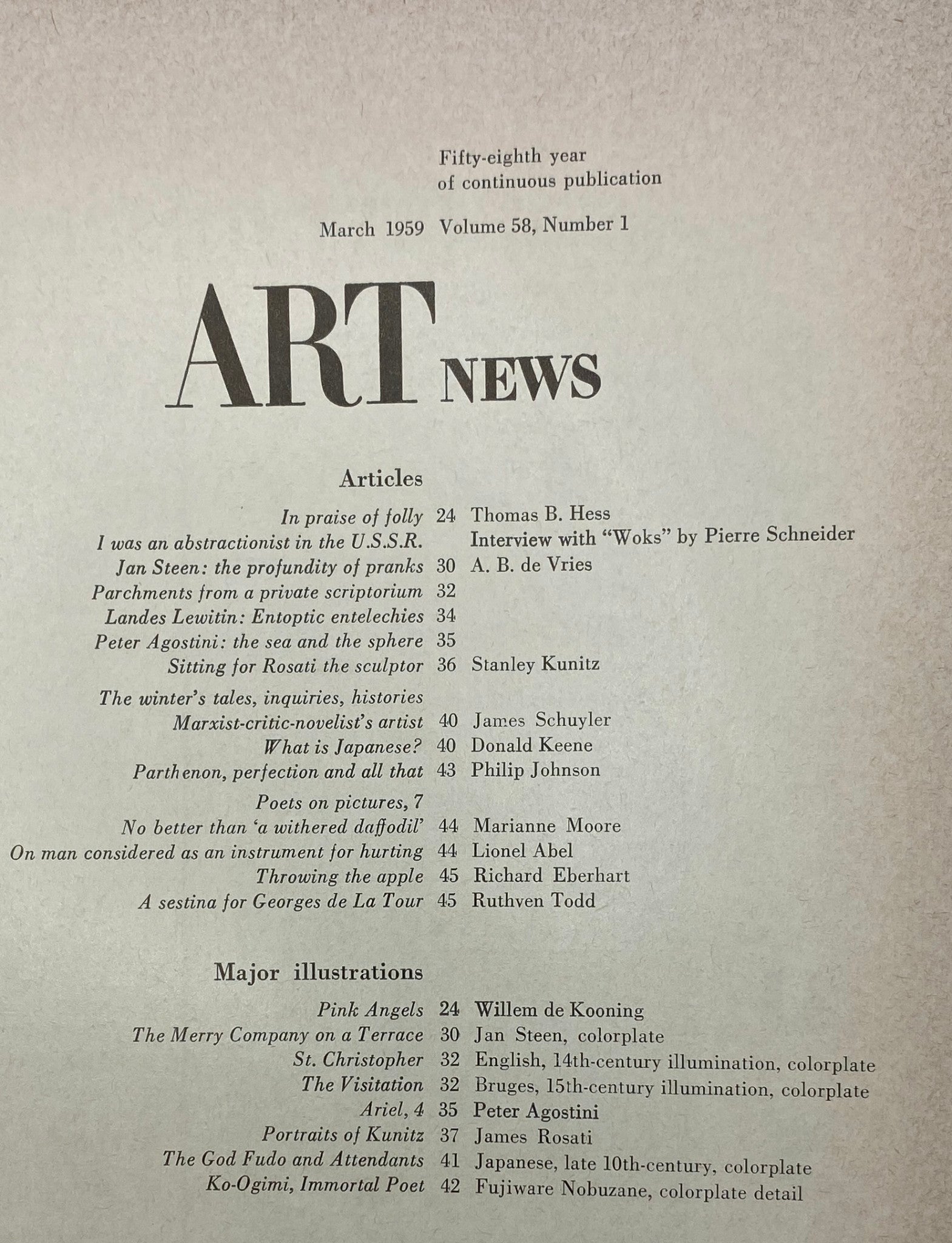 Table of contents of Art News Magazine March 1959, listing articles and major illustrations, highlighting the publication's focus on late 1950s art and design.