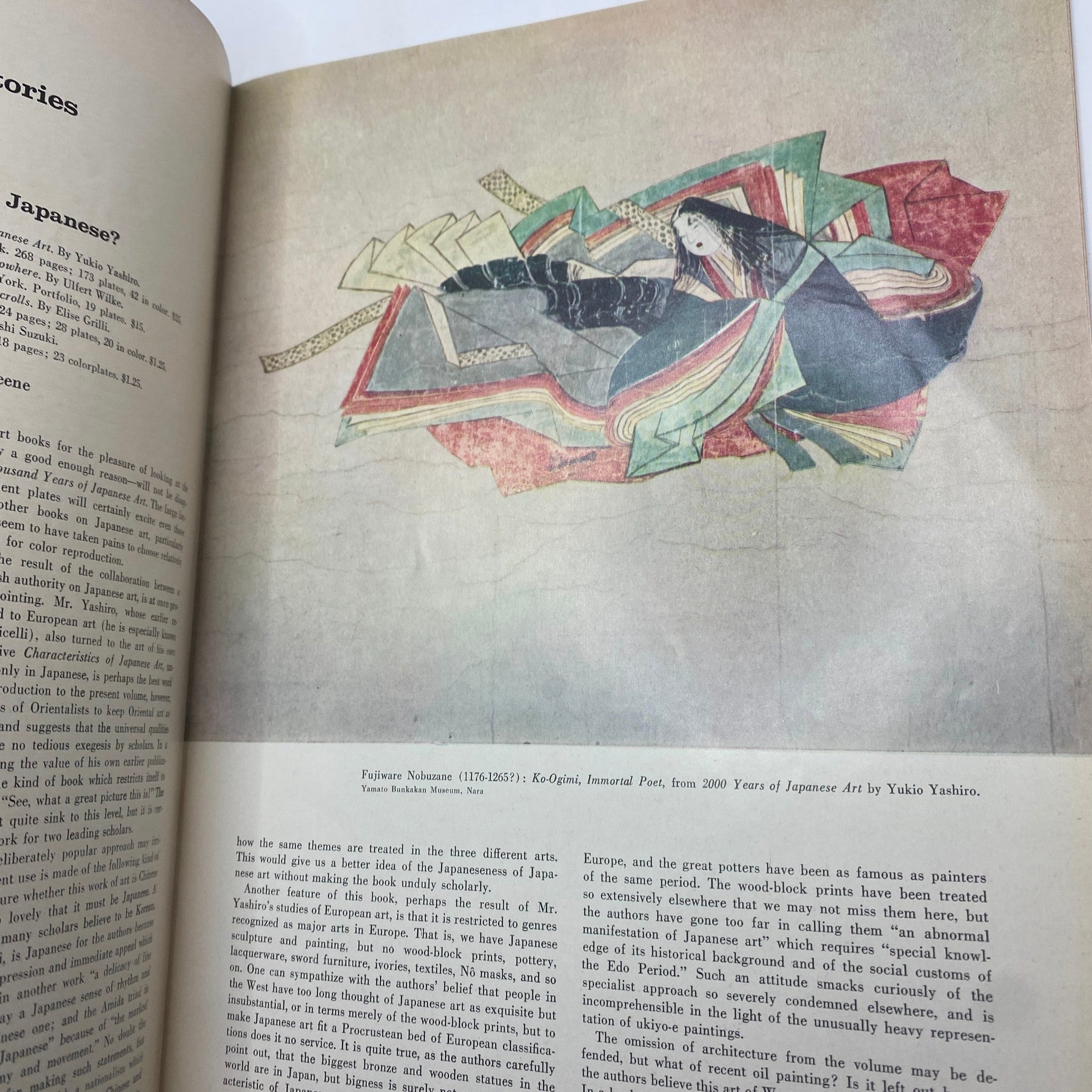 Art News Magazine March 1959 featuring an illustration from the article on Japanese art, depicting Fujinobu Nobuzane's 'Re-Ogini, Immortal Poet' with historical commentary on artistic styles.