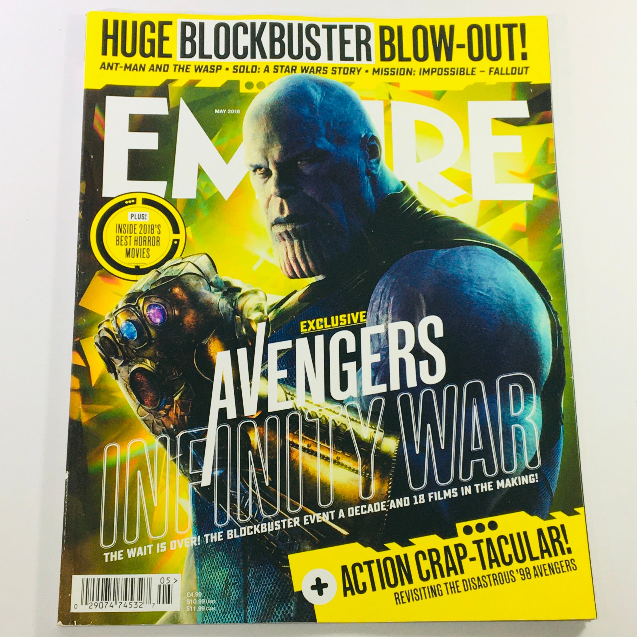Empire Magazine May 2018 issue showcasing Josh Brolin as Thanos on the cover, promoting exclusive content about Avengers Infinity War, with vibrant colors and bold typography.