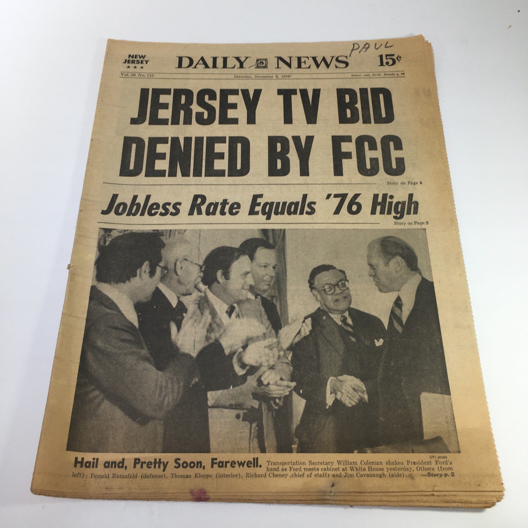 NY Daily News:11/6/76 Jersey TV Bid Denied By FCC William Coleman & Pres Ford