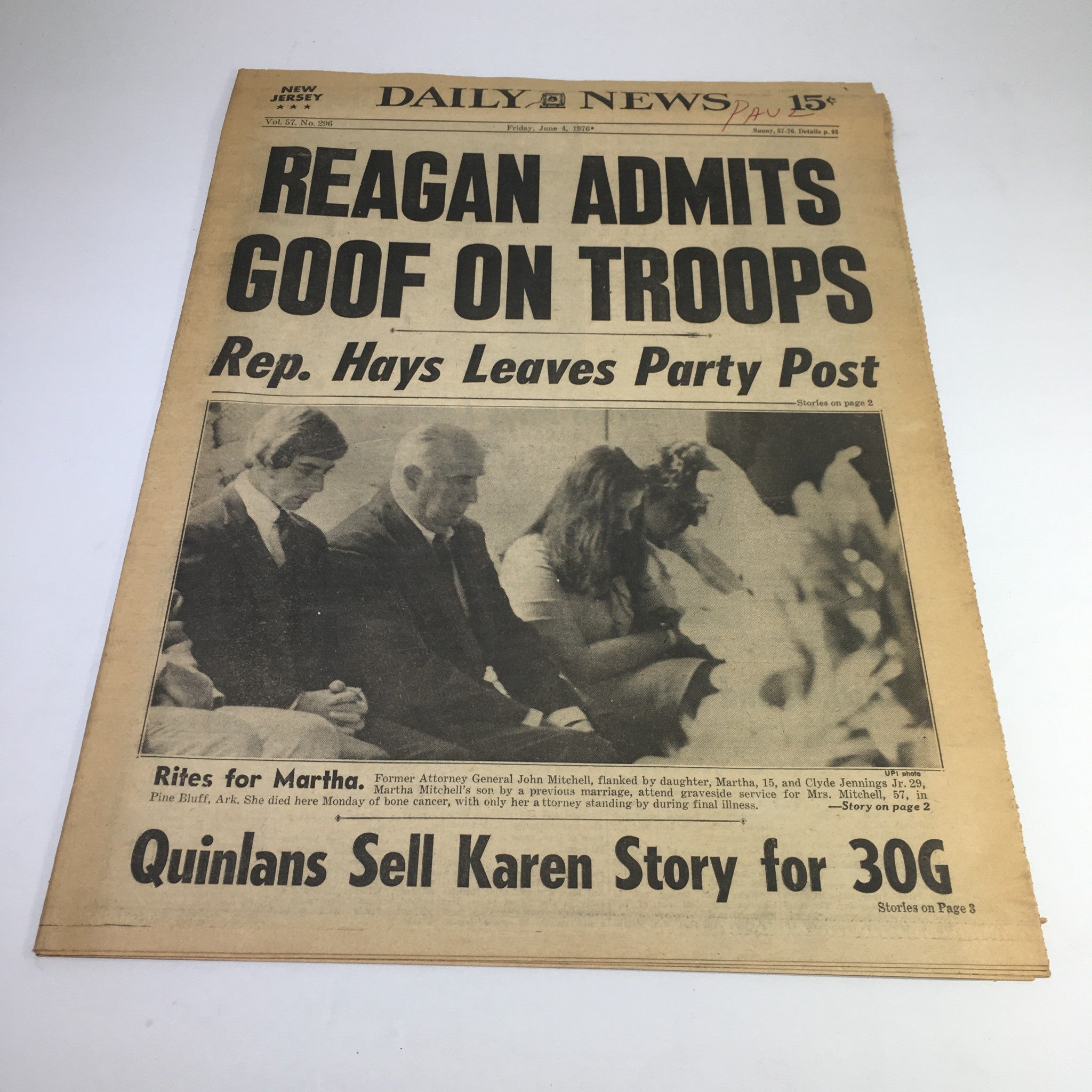 NY Daily News:6/4/76 Ronald Reagan Admits Goof On Troops Rites 4 Martha Mitchell