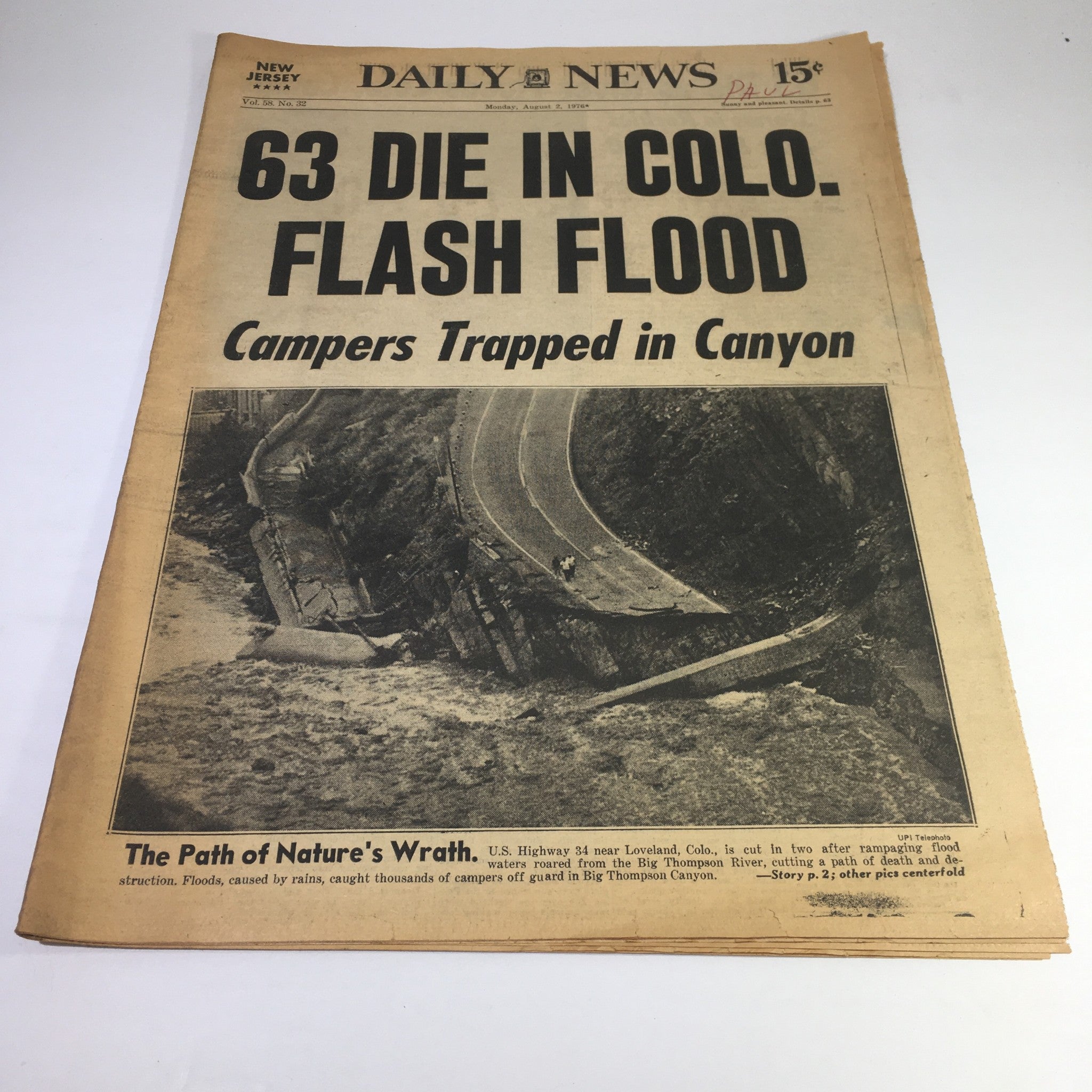 NY Daily News: Aug 2 1976 63 Die In Colo. Flash Flood Campers Trapped In Canyon