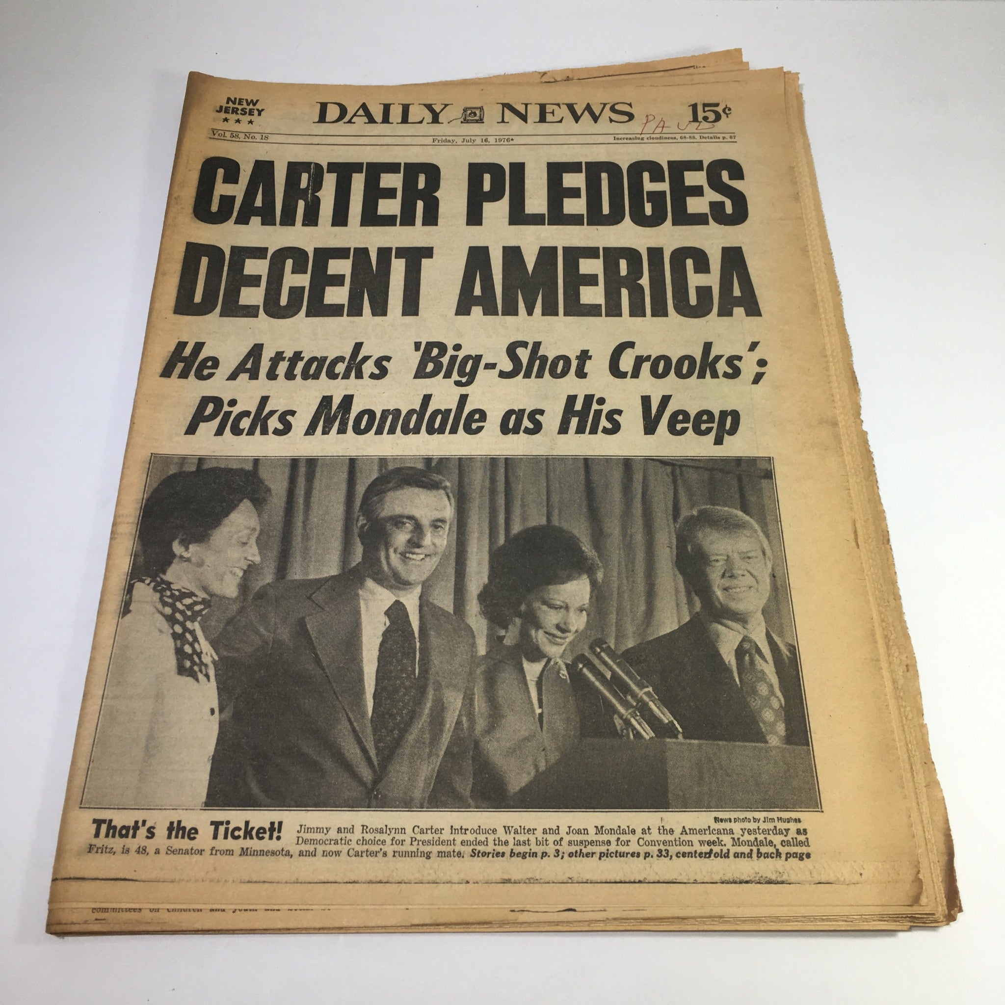 NY Daily News:7/16/76 Carter Pledges Decent America; Jimmy & Rosalynn Carter