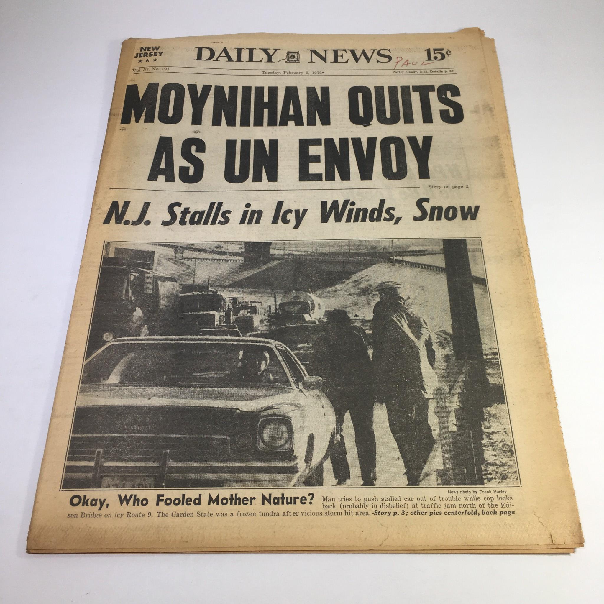 NY Daily News: 2/3/1976 Moynihan Quits As UN Envoy; NJ Stalls In Icy Winds, Snow