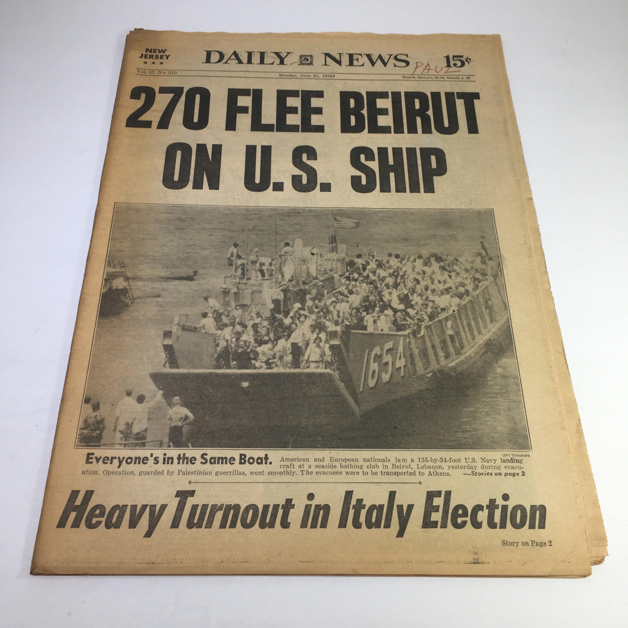 NY Daily News: 6/21/76 270 Flee Beirut On US Ship; Everyone's In The Same Boat