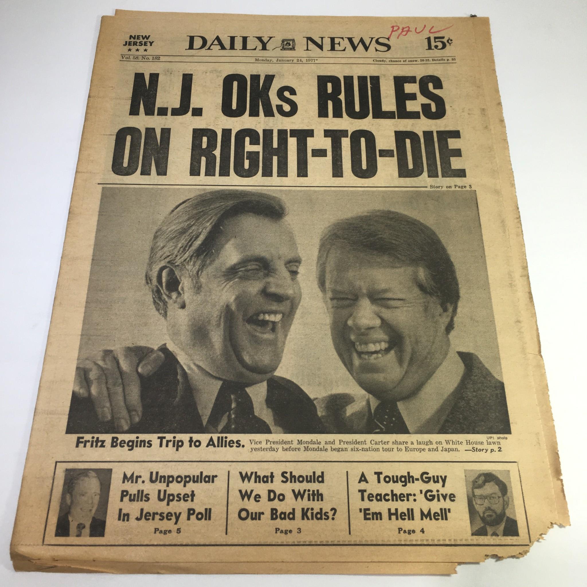 NY Daily News: 1/24/1977 NJ OKs Rules On Right To Die; VP Mondale & Pres Carter