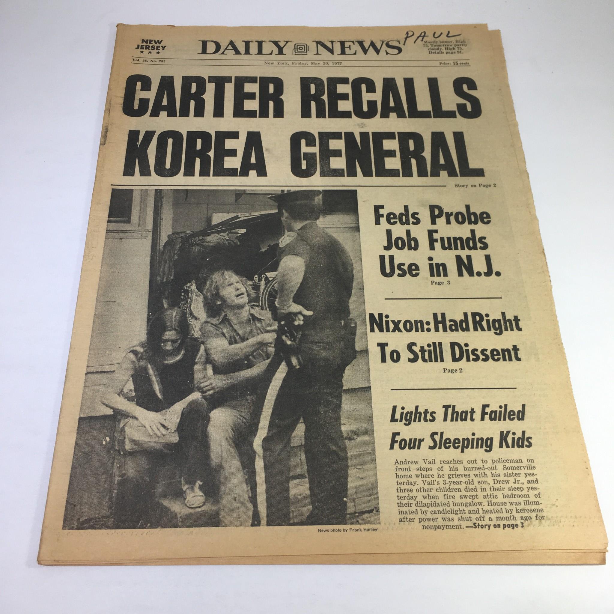 NY Daily News:5/20/77 Carter Recalls Korea Gen;Andrew Vail Reach Out 2 Policeman